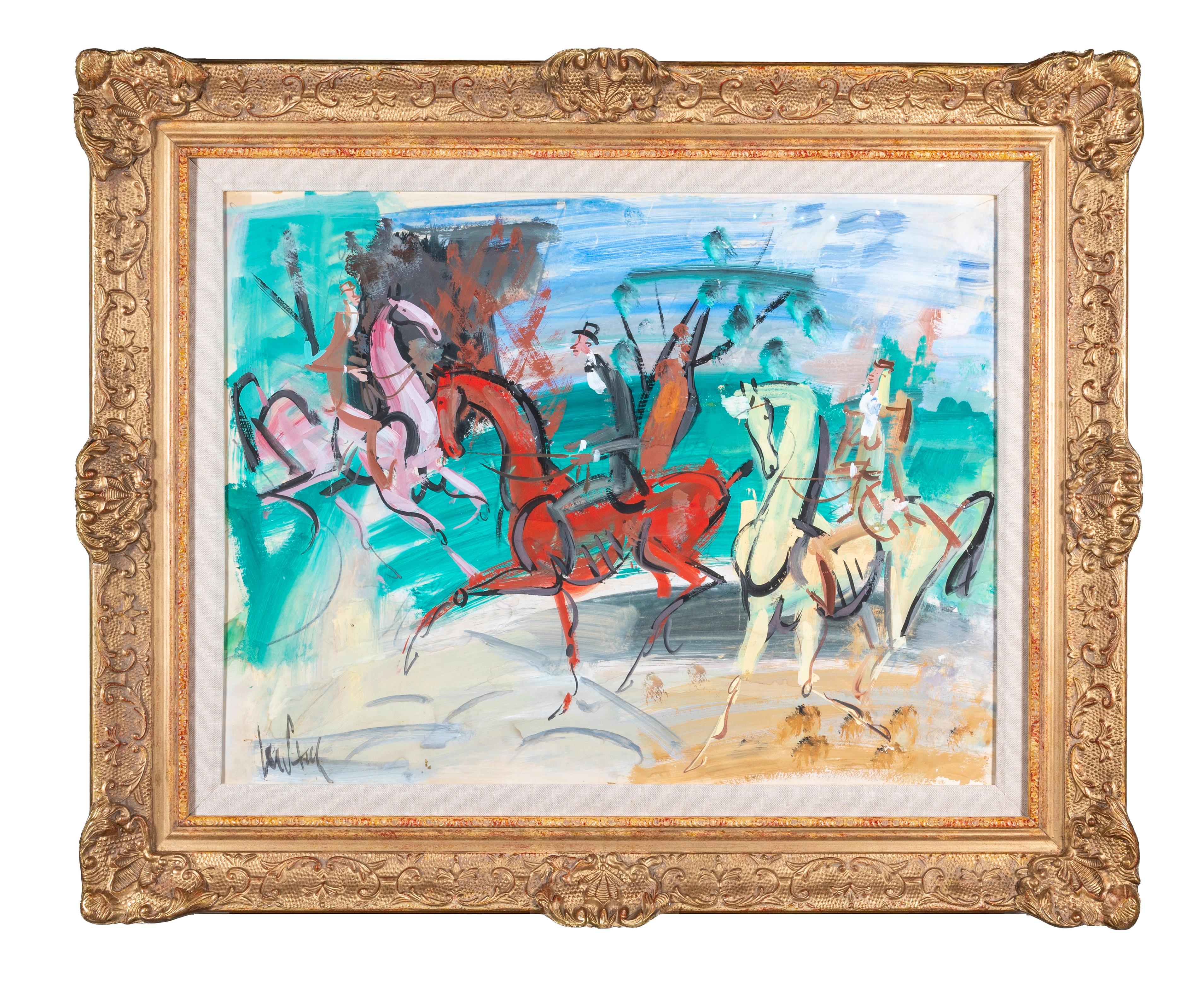 « The Promenade » - Peinture figurative abstraite de chevaux et de personnages, rouge, vert