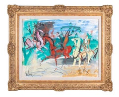 'The Promenade' Abstract Figurative painting of horses and figures, red, green