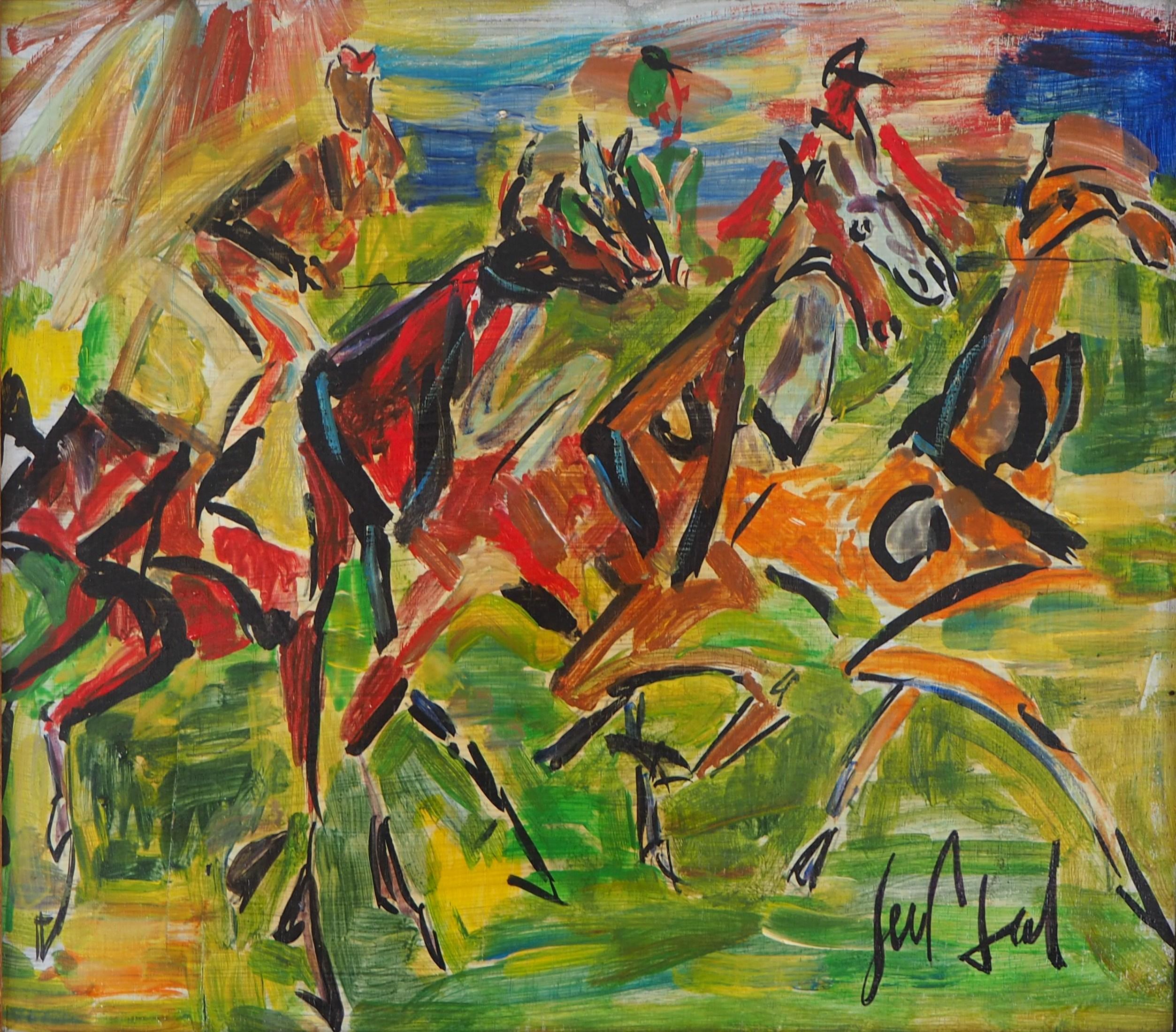 The Race : Horsemen - Oil painting on panel, Signed - Framed - Modern Painting by GEN PAUL