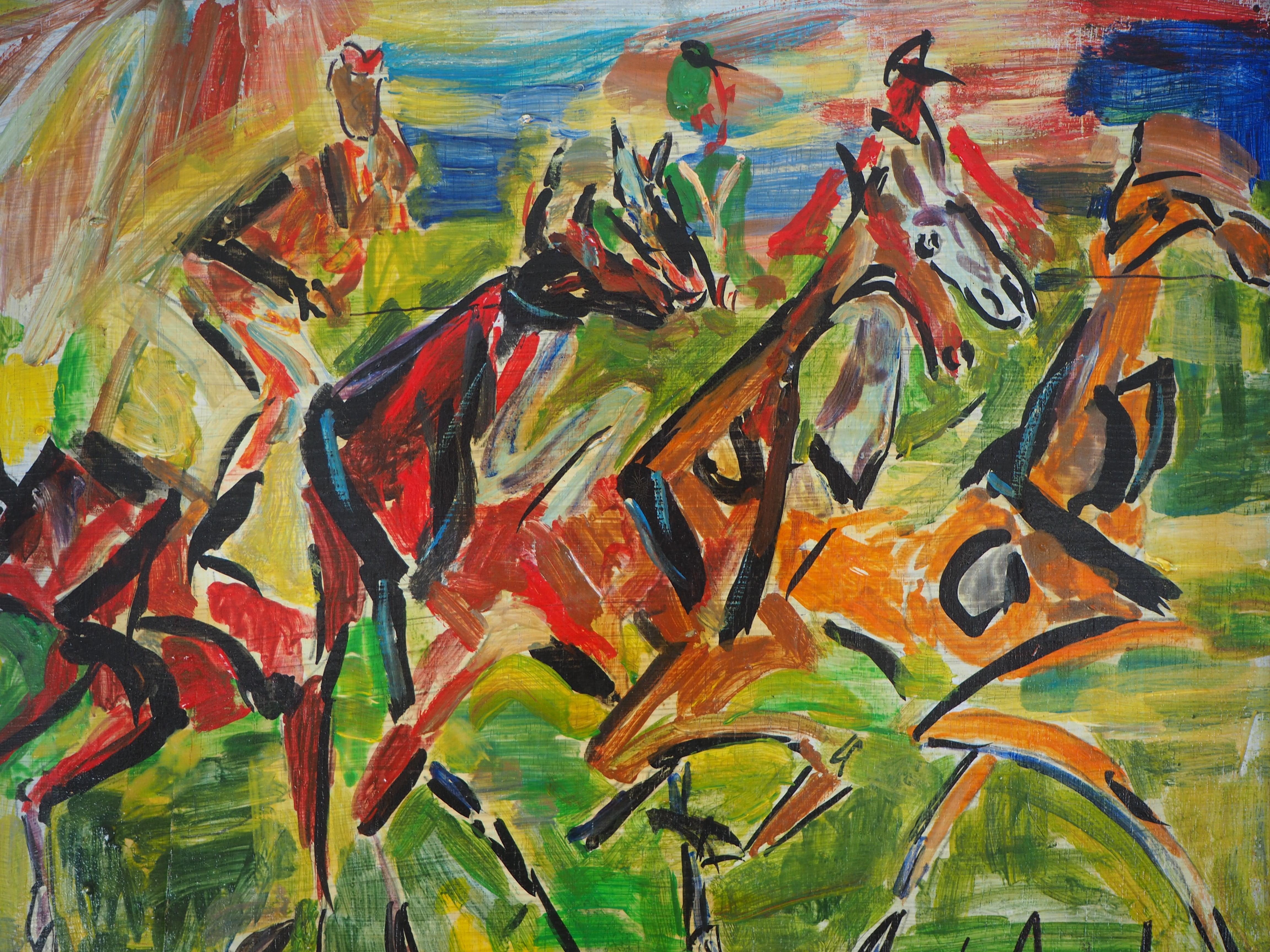 The Race : Horsemen - Oil painting on panel, Signed - Framed - Brown Figurative Painting by GEN PAUL