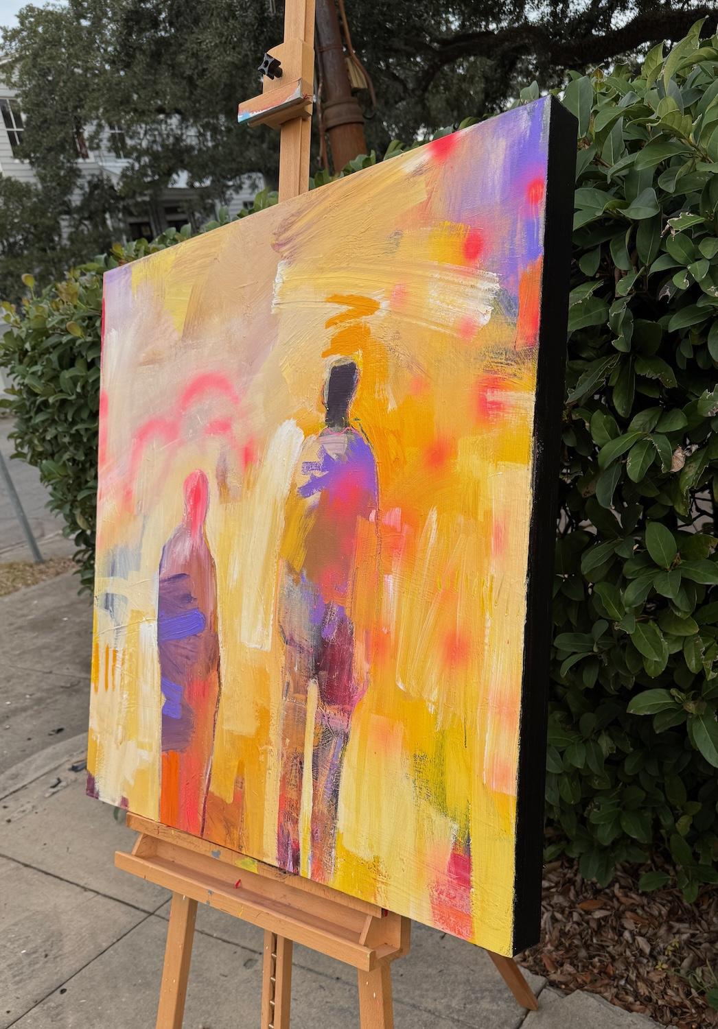 <p>Artist Comments<br />Two figures stand together in a vibrant, colorful setting. Bright pink strokes swirl across yellow and gold surfaces, evoking the inner light of humanity. Early mark-making textures emerge within their forms, adding depth and