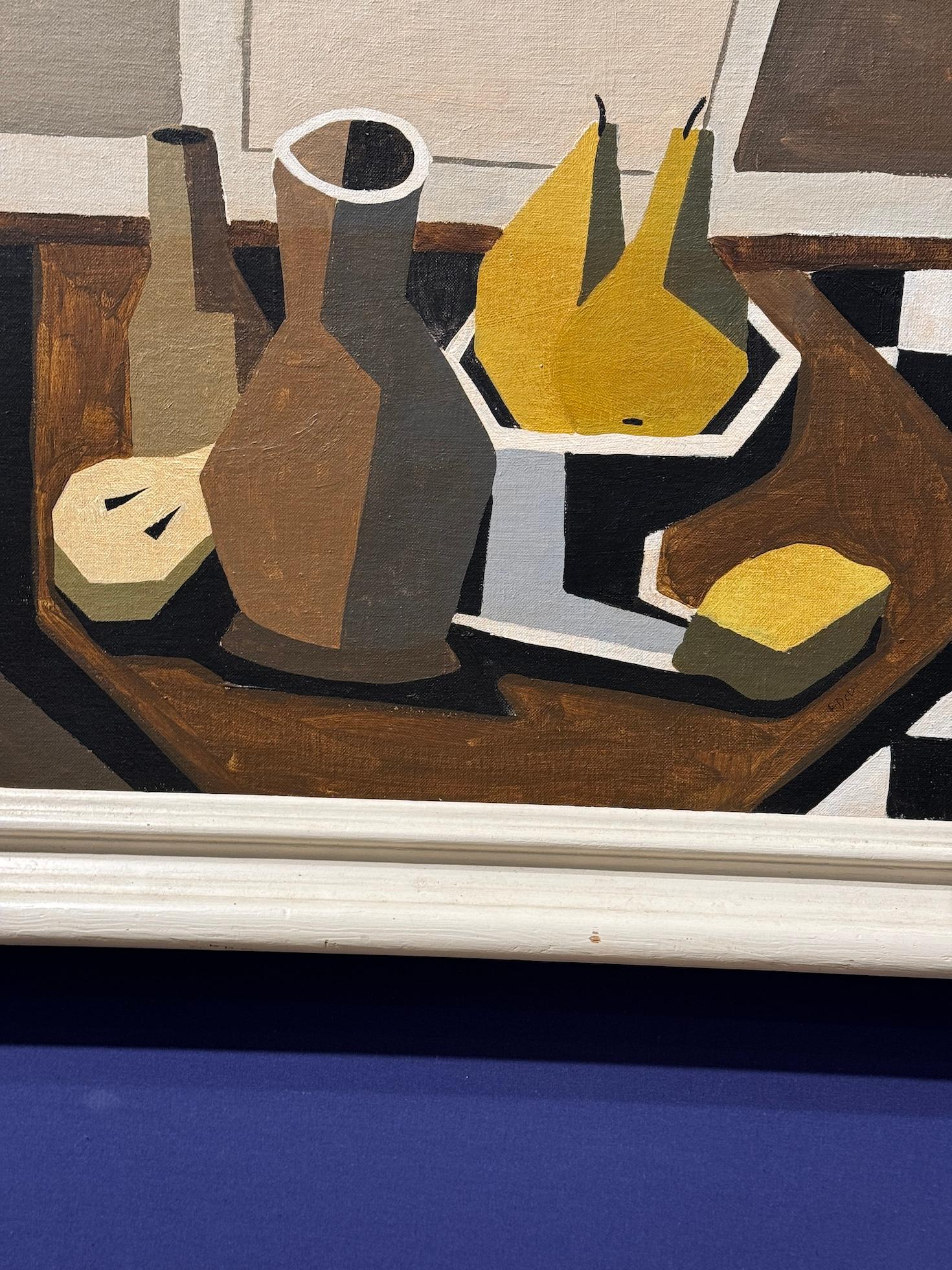 Bodegón cubista de sobremesa con jarrón, peras y pan - Painting de Genara Del