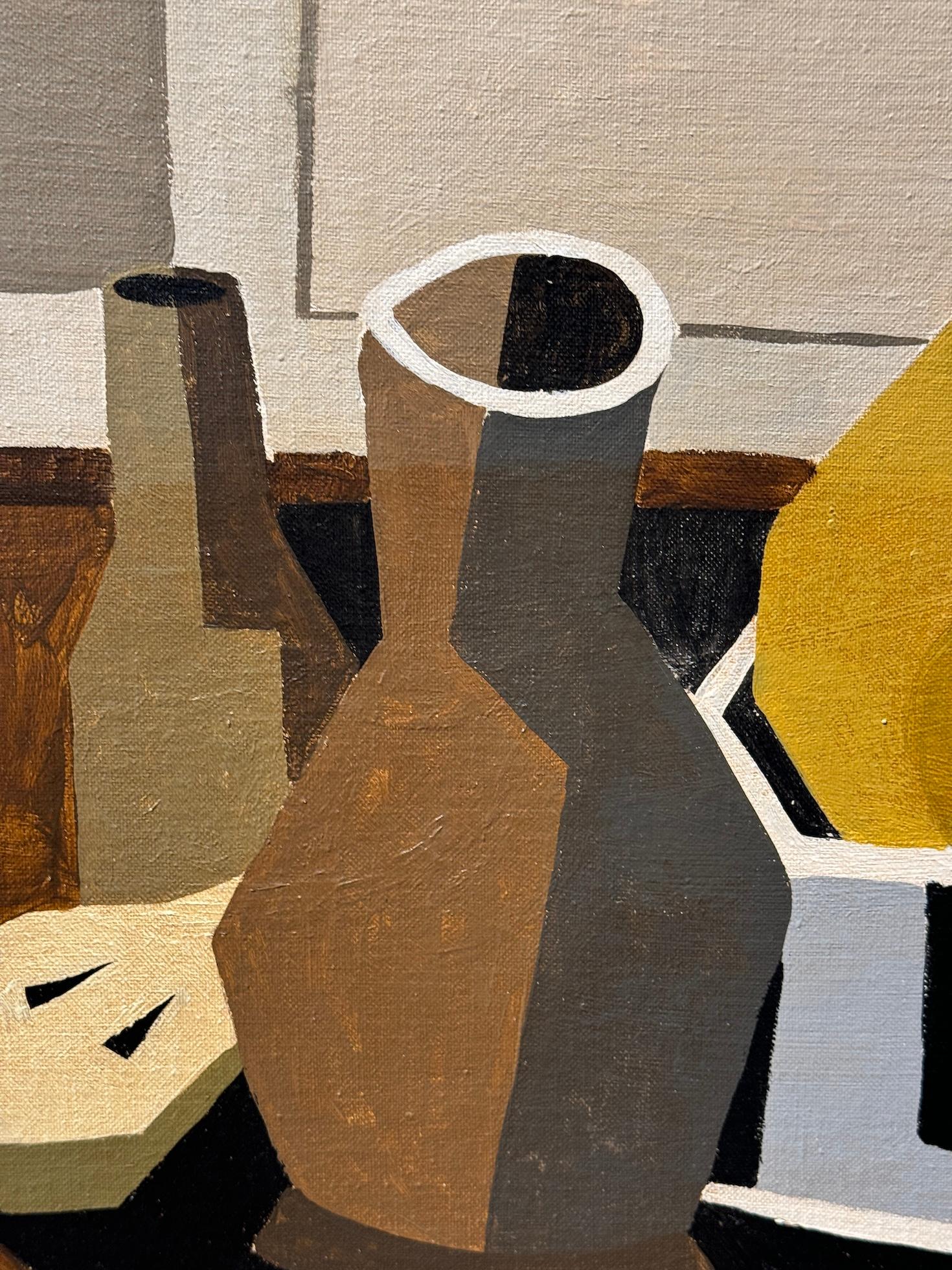 Bodegón cubista de sobremesa con jarrón, peras y pan - Painting Cubista de Genara Del