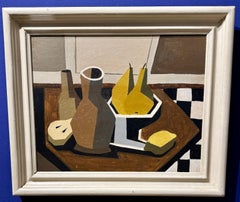 Cubist still life of a table top with a vase, pears and bread