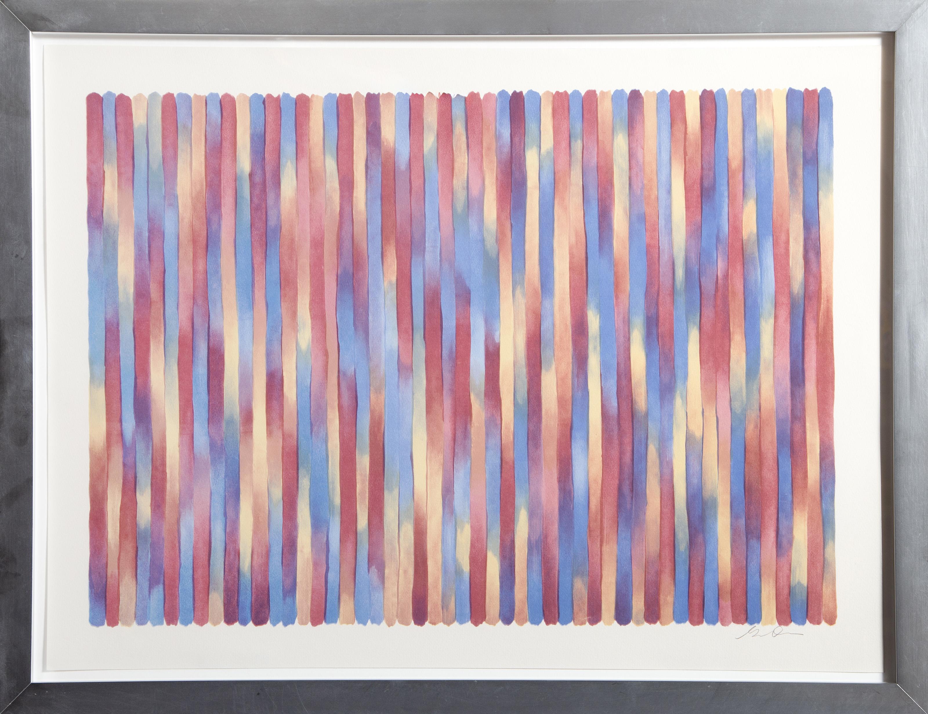 Ce tirage illustre les captivantes compositions Color Field de Gene Davis, composées de lignes verticales et de couleurs changeantes. Alternant du bleu au jaune puis au rouge, les bandes verticales divisent chaque section en pistes de couleurs