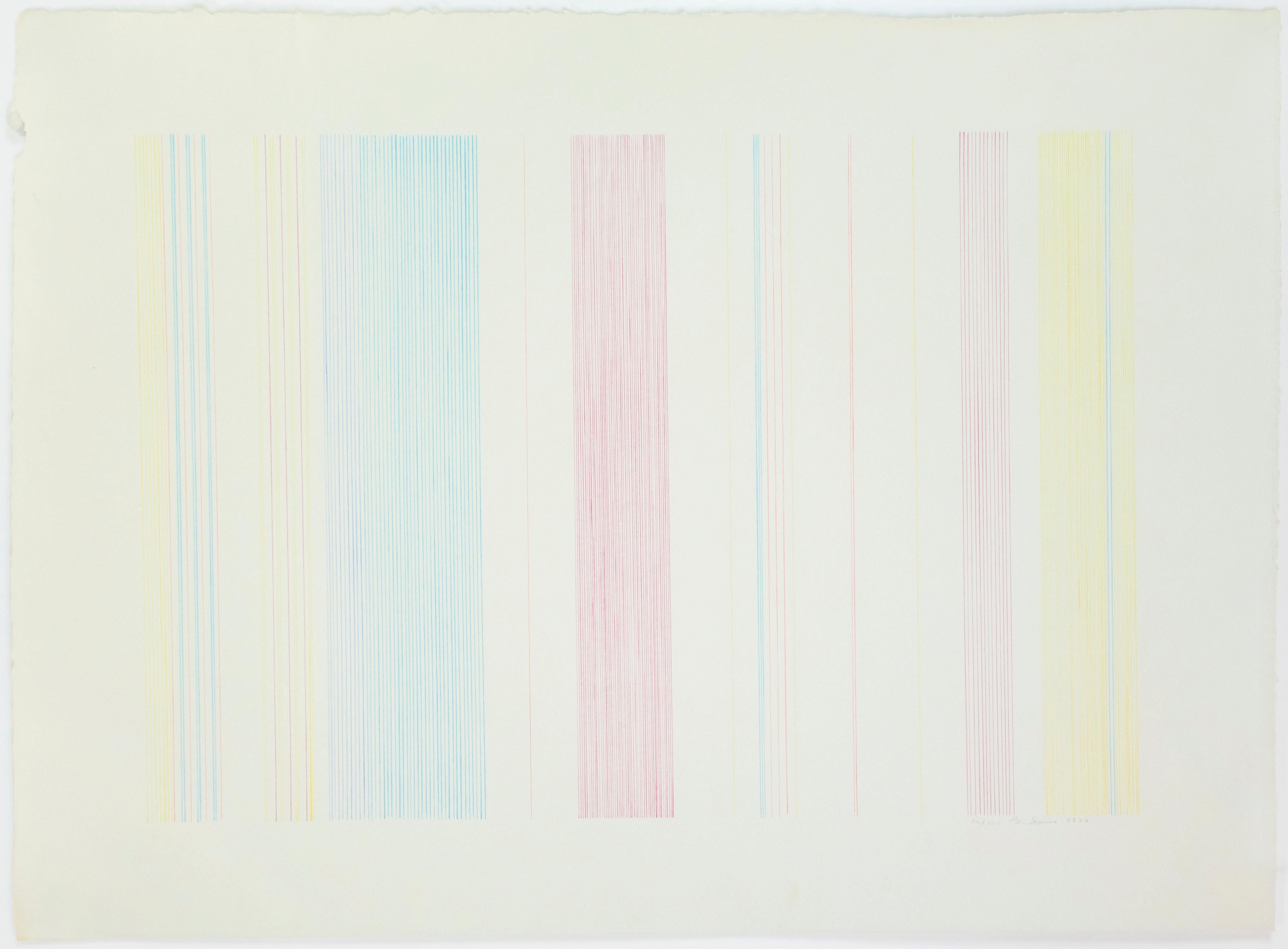 Noria: dibujo abstracto minimalista moderno de campo de color con los colores del arco iris - Print de Gene Davis