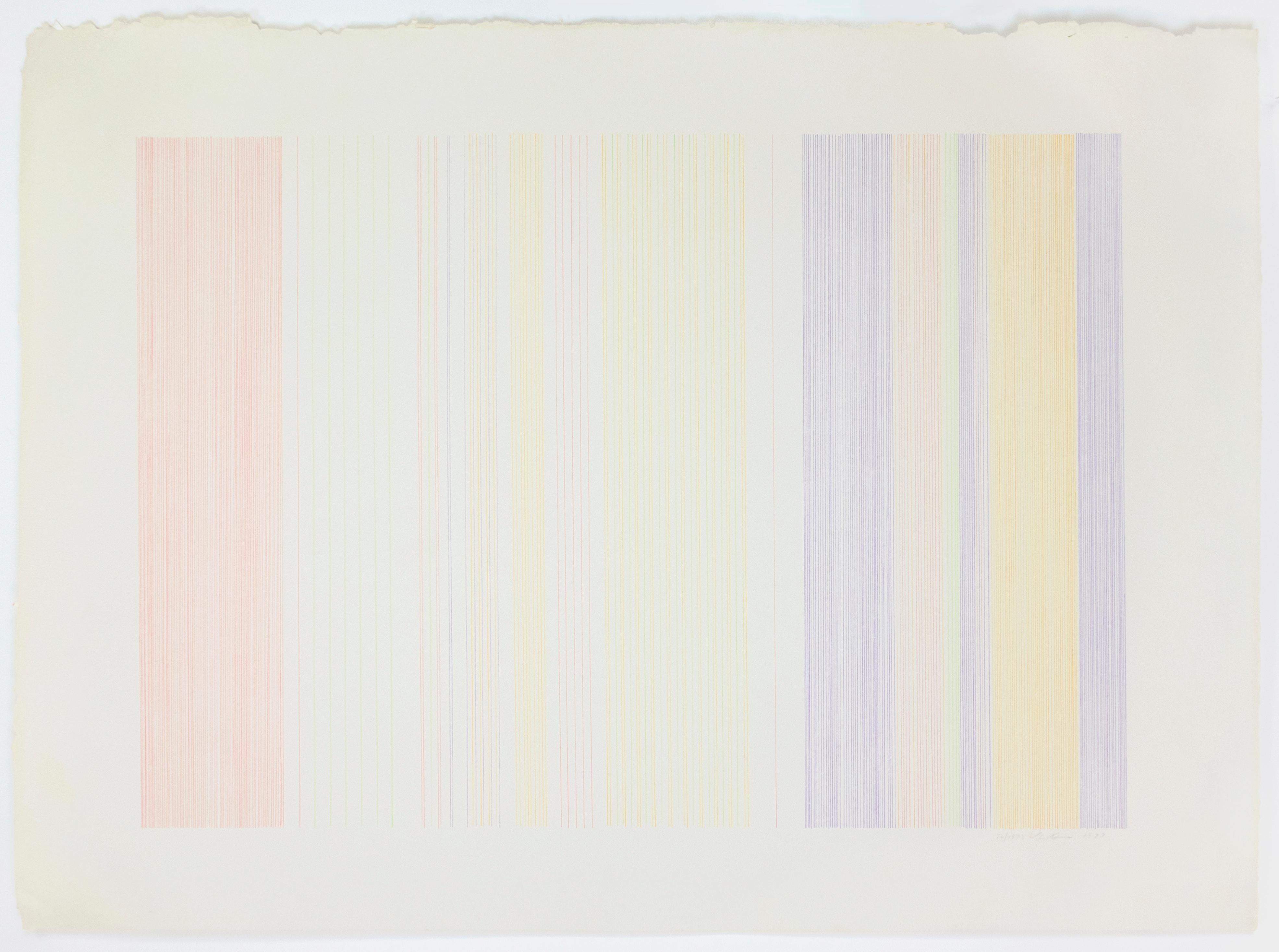 Gene Davis Abstract Print - Home Run: abstract modern minimalist color field drawing with rainbow colors