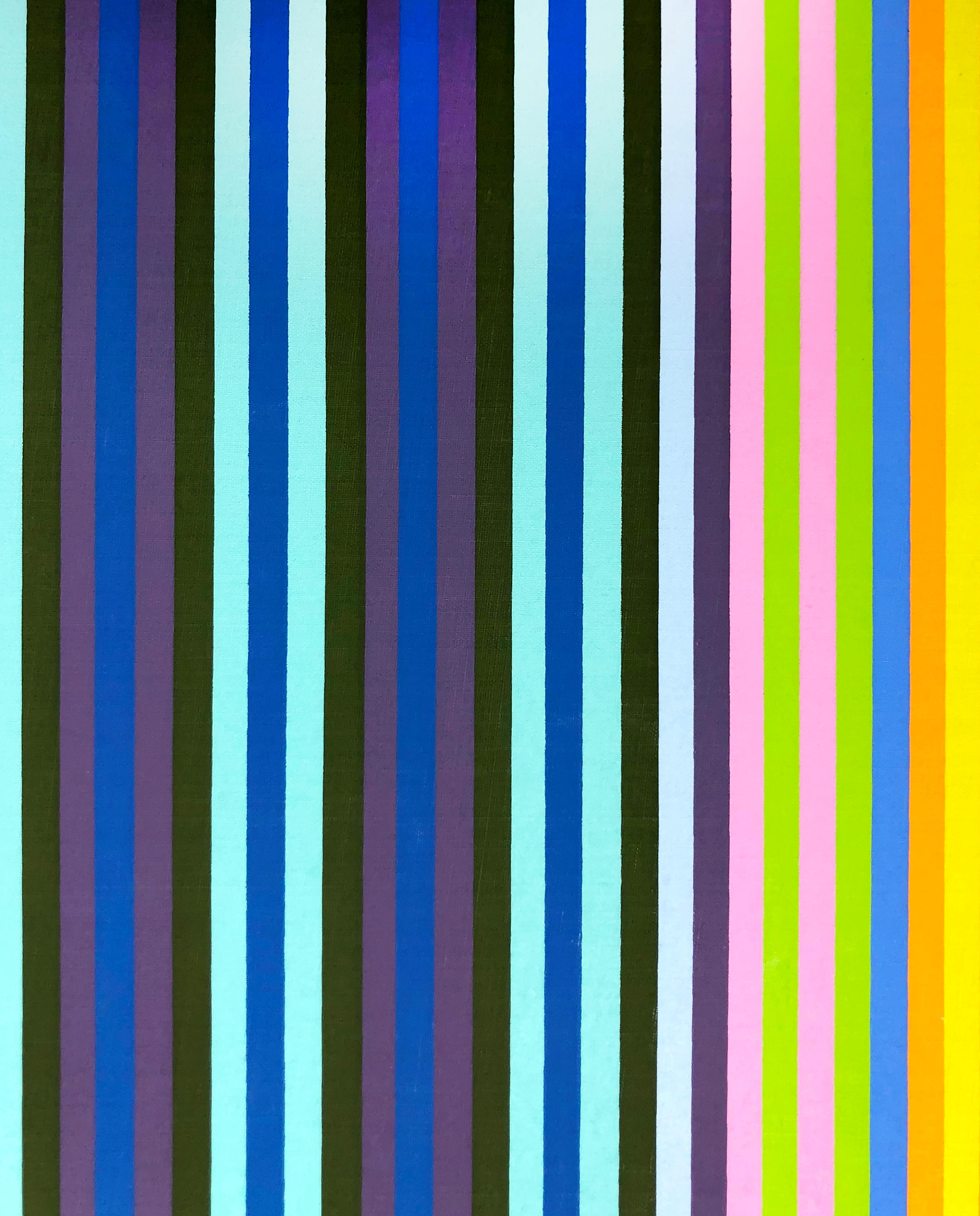 Vertical stripes, the artist’s trademark, run perfectly even and parallel down the sheet in ultramarine, light blue, black, purple, lime green, yellow, orange, pink, and periwinkle. It is within this deceptively simple format that Gene Davis has