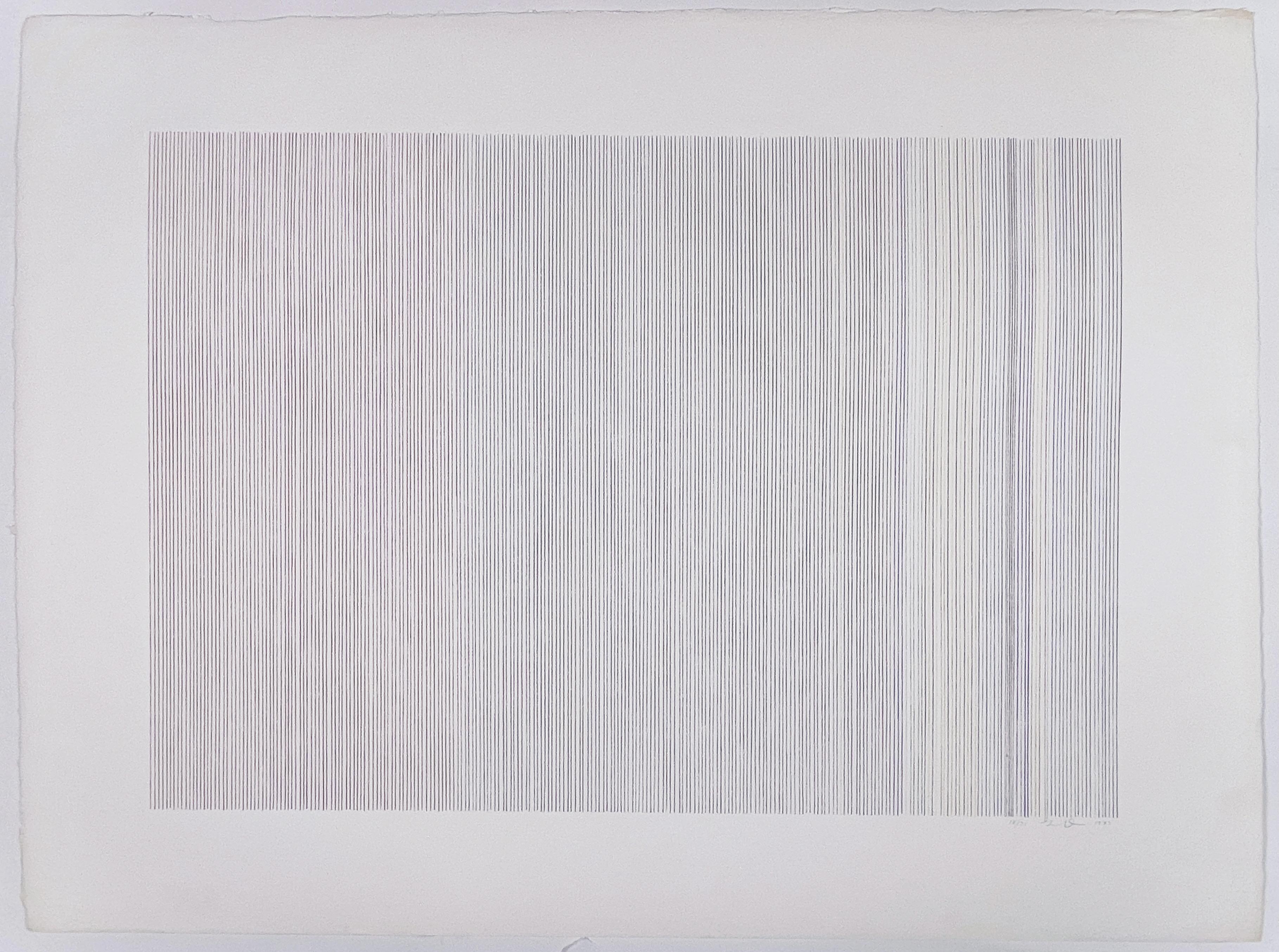 Vertical lines in muted colors take on the organic quality of handmade paper, resulting in this subtle iteration of Gene Davis’ iconic color field stripe paintings. The title "Narcissus" refers to the Greek myth of the son of the river god