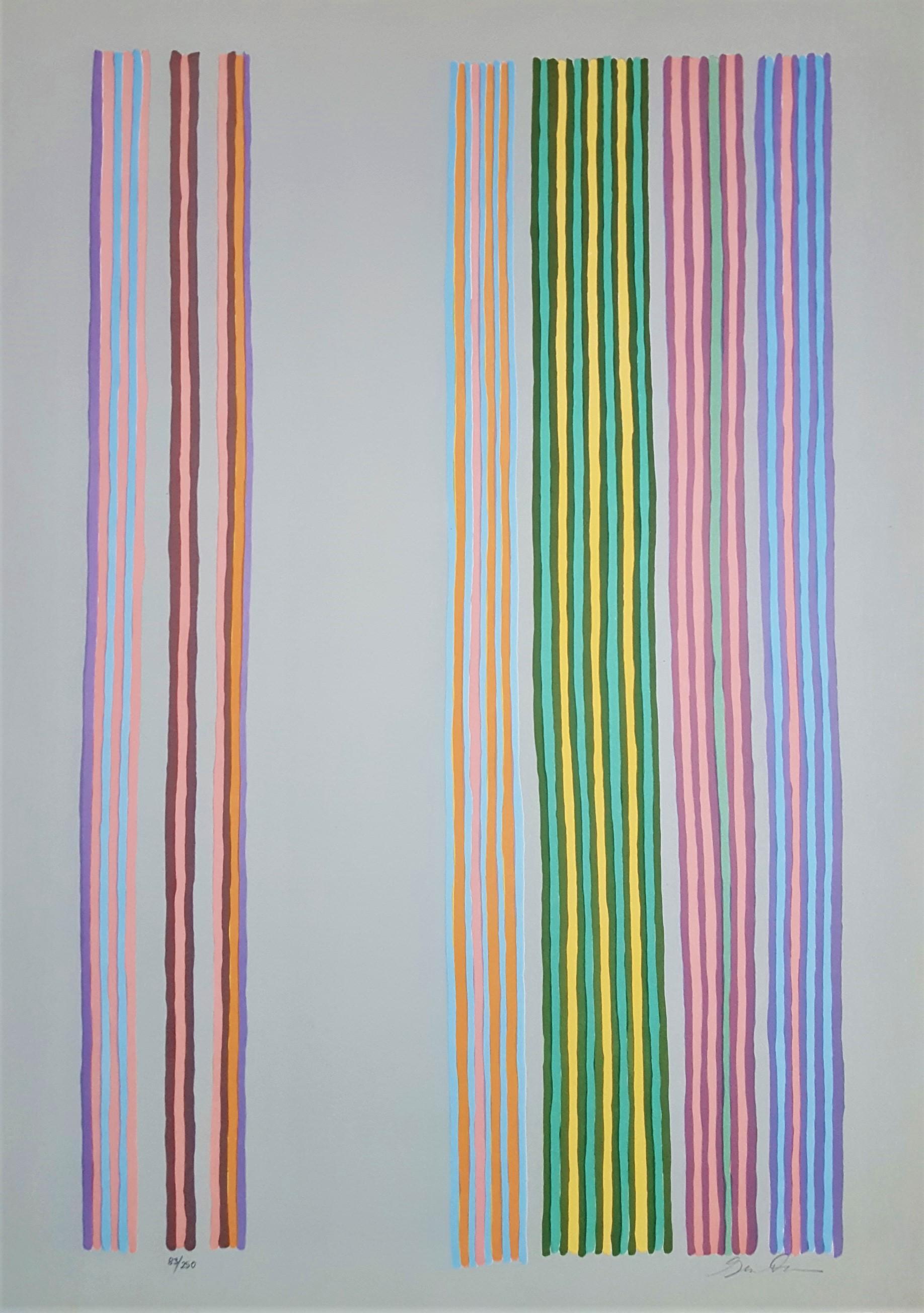 Künstler: Gene Davis (Amerikaner, 1920-1985)
Titel: "Königlicher Vorhang" 
*Signiert von Davis mit Bleistift unten rechts
Jahr: 1980
Medium: Original-Siebdruck auf Arches-Papier
Limitierte Auflage: 250, (die Anzahl kann von der auf den Fotos