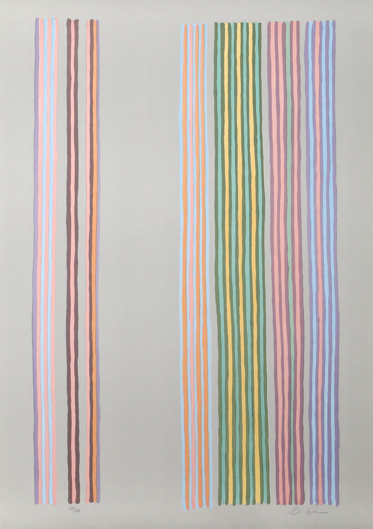 Artist: Gene Davis, American (1920 - 1985)
Title:	Royal Curtain
Year: 1980
Medium: Silkscreen in Colors on Arches, signed and numbered in pencil
Edition: 250
Paper Size: 29.75  x 21.75 in. (75.57  x 55.25 cm)