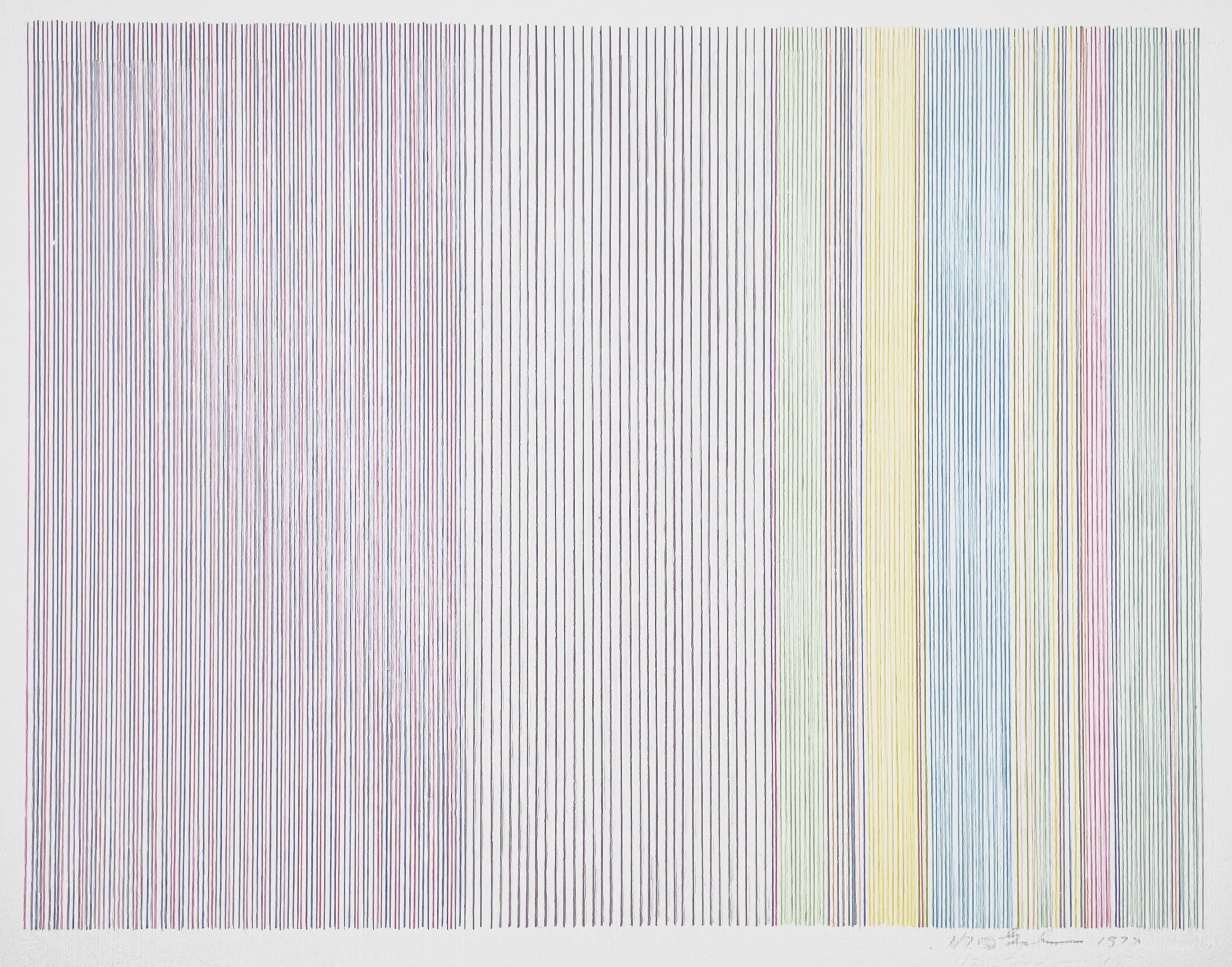Rainbow shades shine in this abstract, color field print. Vibrant red, yellow, orange, purple, and green lines take on the organic quality of handmade paper, resulting in this subtle iteration of Gene Davis’ iconic color field stripe paintings.