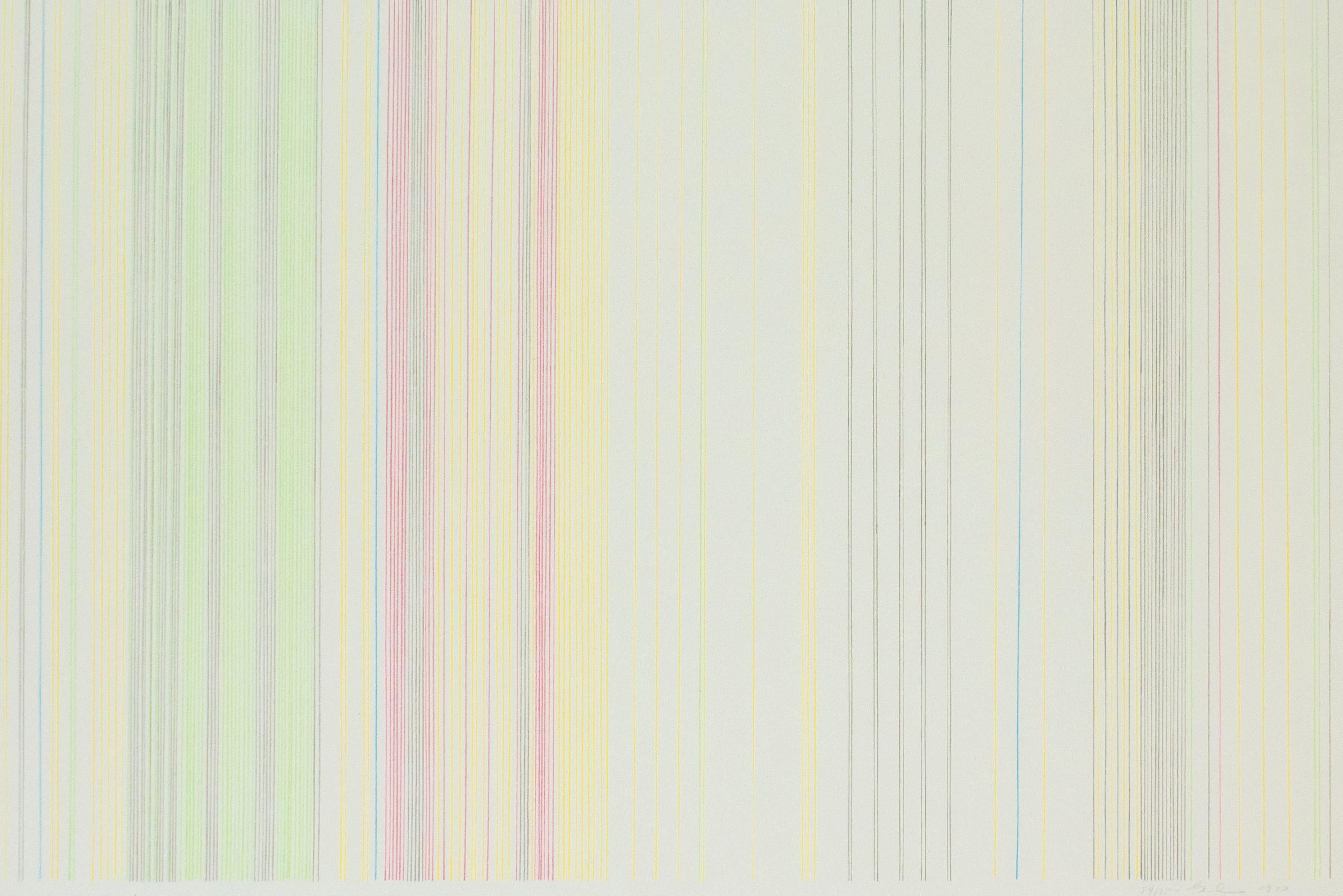 Rainbow shades shine in delicate clusters of vertical lines, in this abstract, geometric lithograph. Vibrant yellow, green, magenta pink, blue and brown take on the organic quality of handmade paper, resulting in this subtle iteration of Gene Davis’