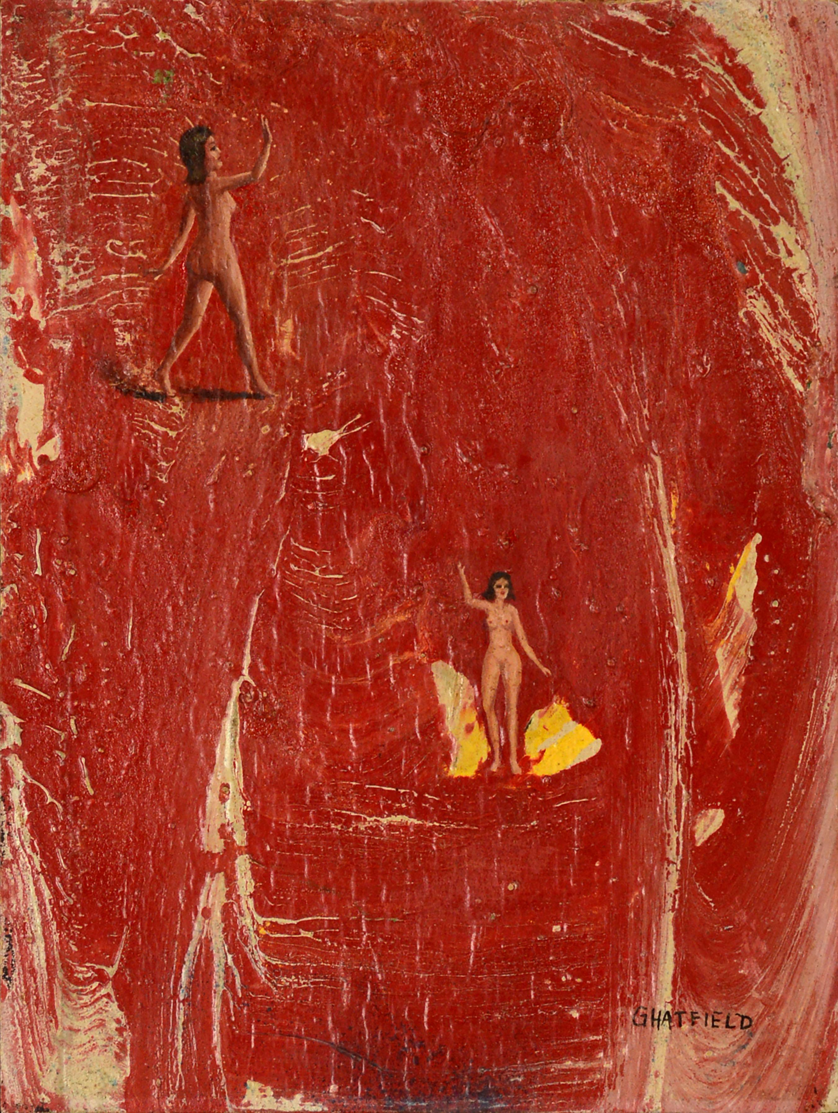 Modern Red Abstract with Two Miniature Female Figures  - Painting by Gene Hatfield