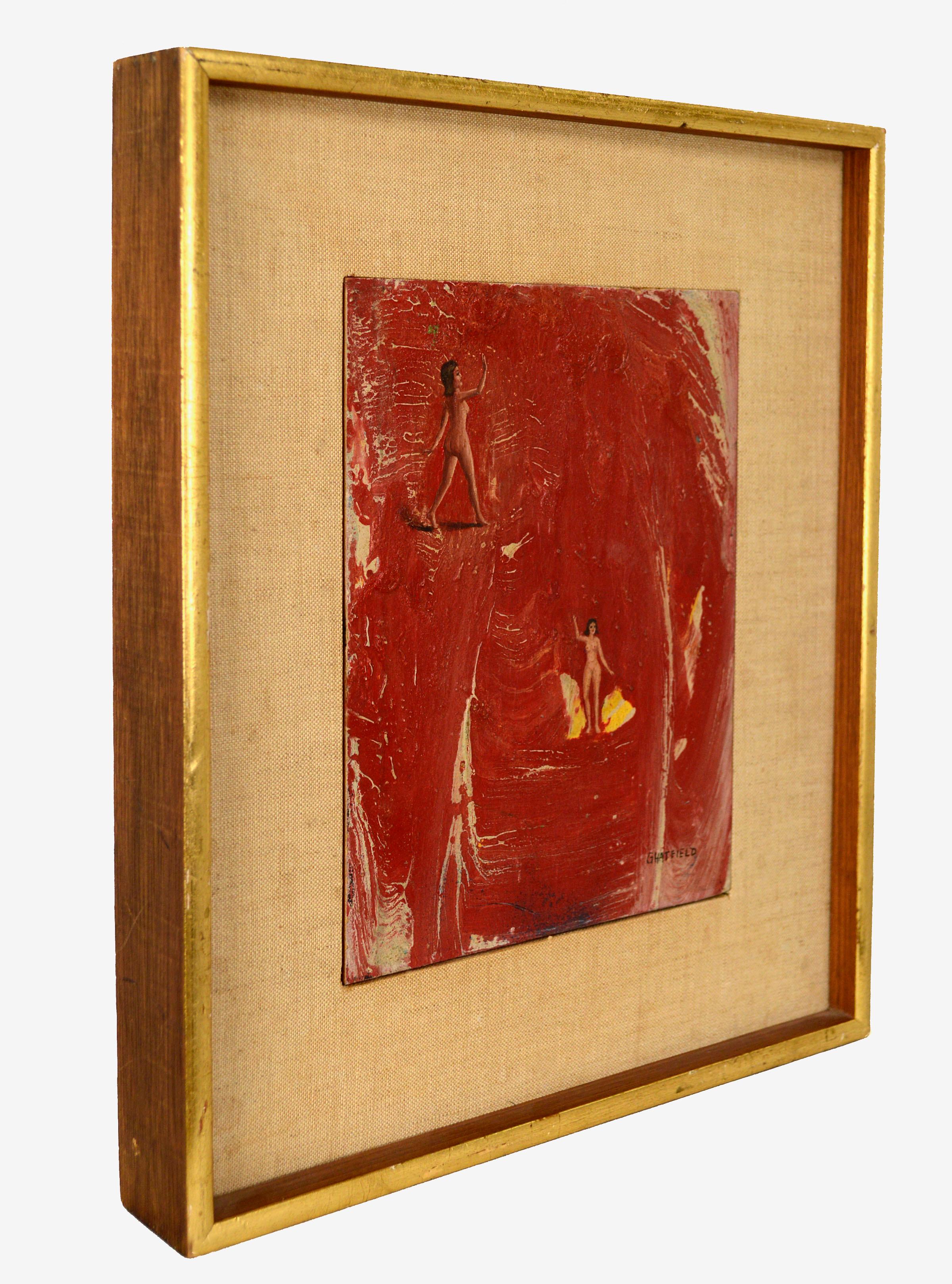 Compelling red abstract with two tiny female figures by Arkansas artist Gene Hatfield (American, 1925-2017). The piece consists of a textural red abstract plain that is swirled with beige, which contrasts from the two intricately detailed miniature