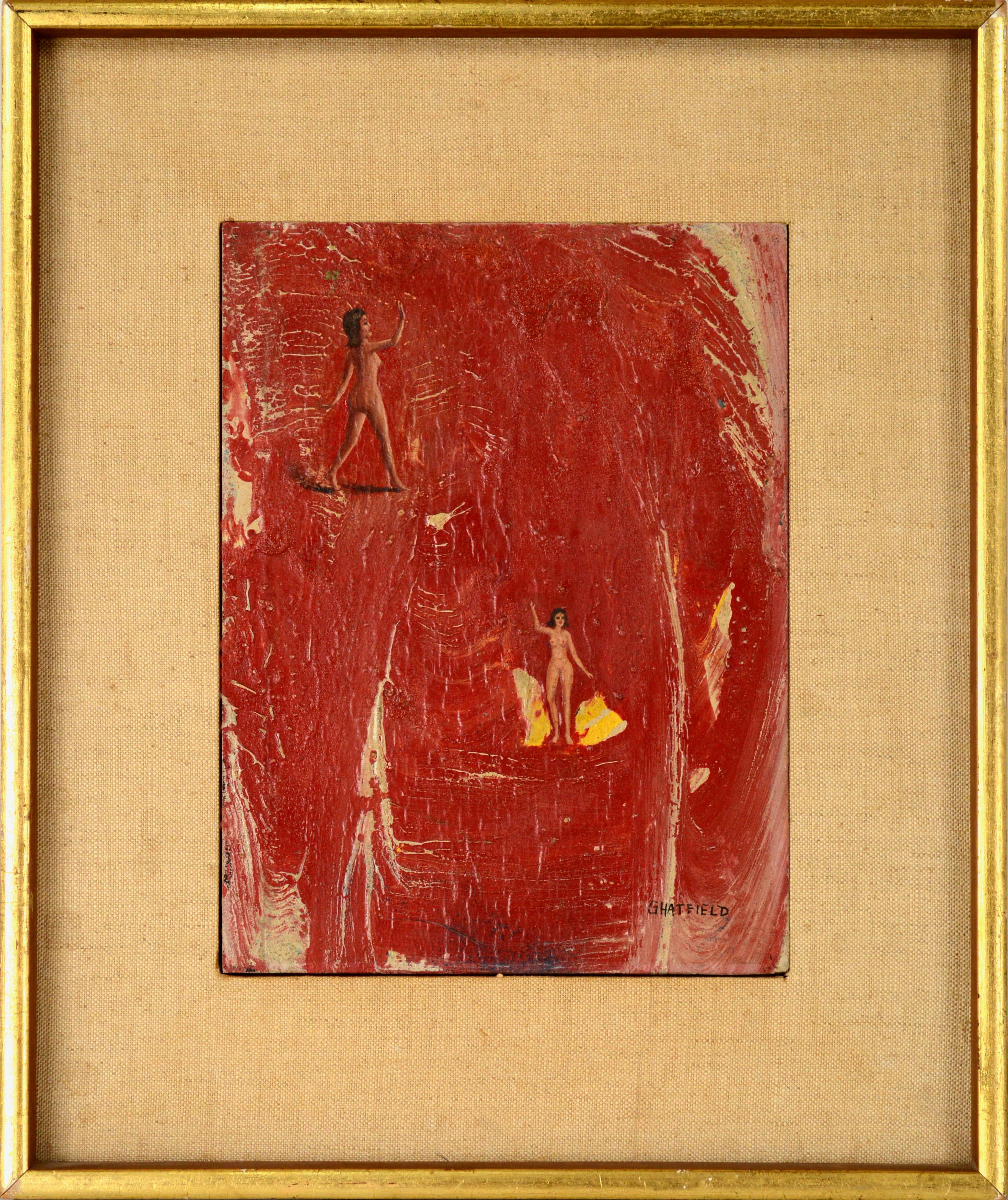 Gene Hatfield Abstract Painting - Modern Red Abstract with Two Miniature Female Figures 