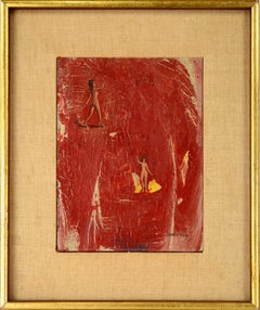 Vintage Modern Red Abstract with Two Miniature Female Figures 