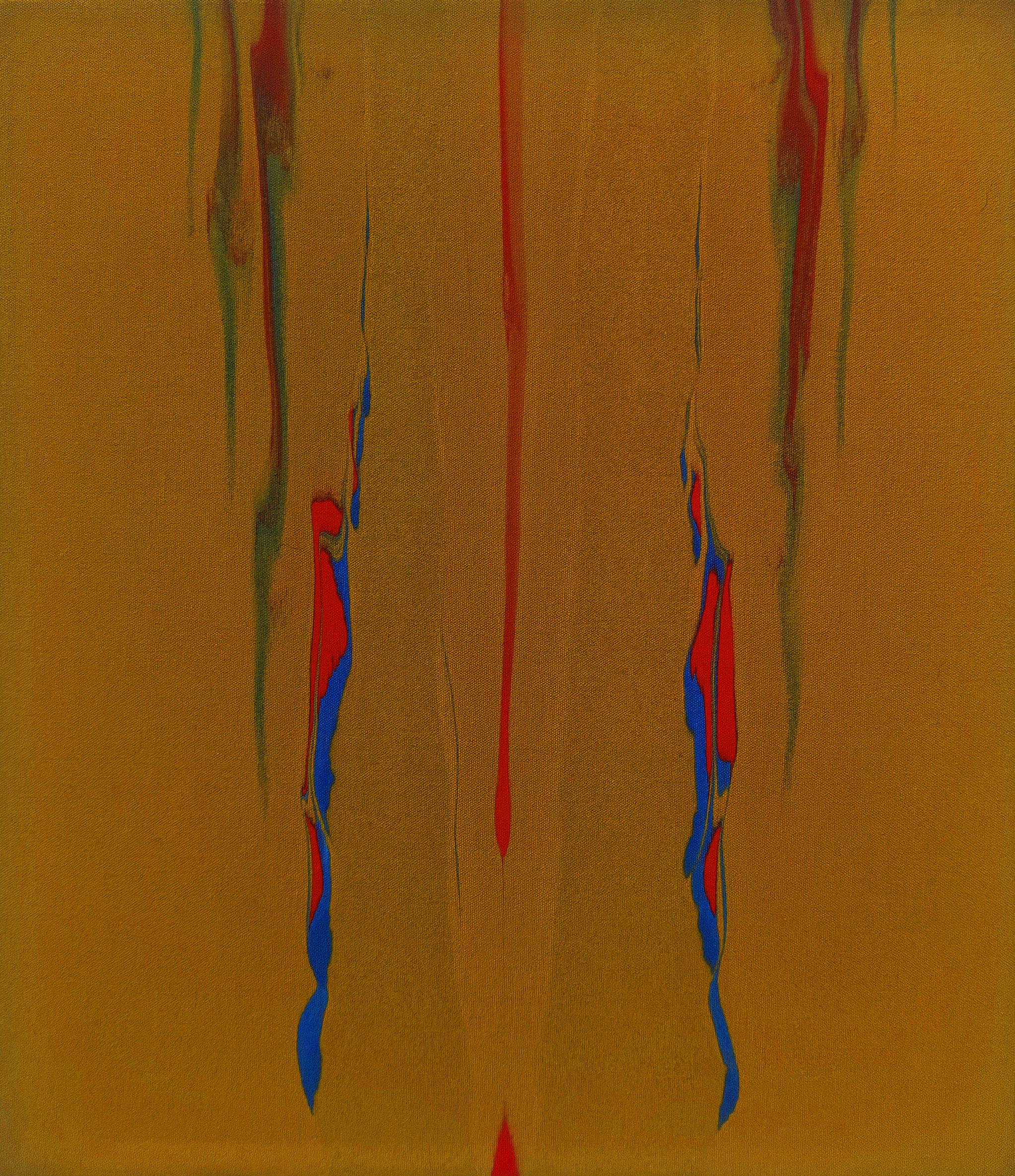 "Trace" Gene Hedge, Color Field, Yellow Ocre, Blue and Red Forms, Fluid Color
