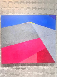 “Desert Landscape” abstract painting, geometric shapes, blue, pink, yellow