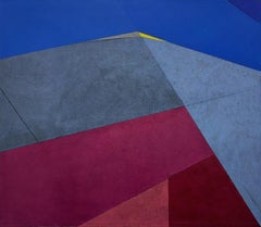Abstraktes Gemälde "Wüstenlandschaft", geometrische Formen, blau, rosa, gelb