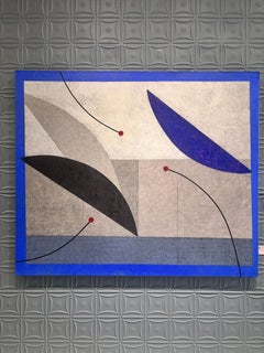 “Planet Dancing” contemporary abstract painting, cool tones, curved lines & form