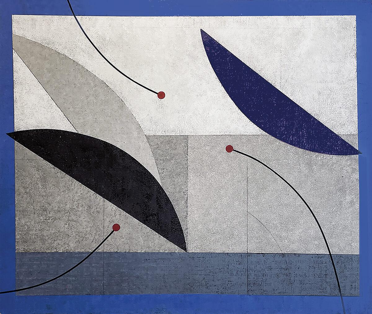 "Planet Dancing" zeitgenössische abstrakte Malerei, kühle Töne, geschwungene Linien und Formen – Painting von Gene Johnson