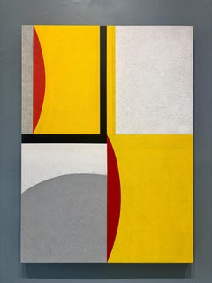 "Post Japón 3 / Osaka" pintura geométrica abstracta, amarilla, roja, dibujo atrevido