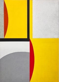 "Post Japan 3 / Osaka" abstrakte geometrische Malerei, gelb, rot, kühnes Muster
