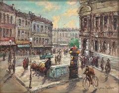 "Place Saint-Michel" Peinture à l'huile post-impressionniste d'une scène de rue parisienne