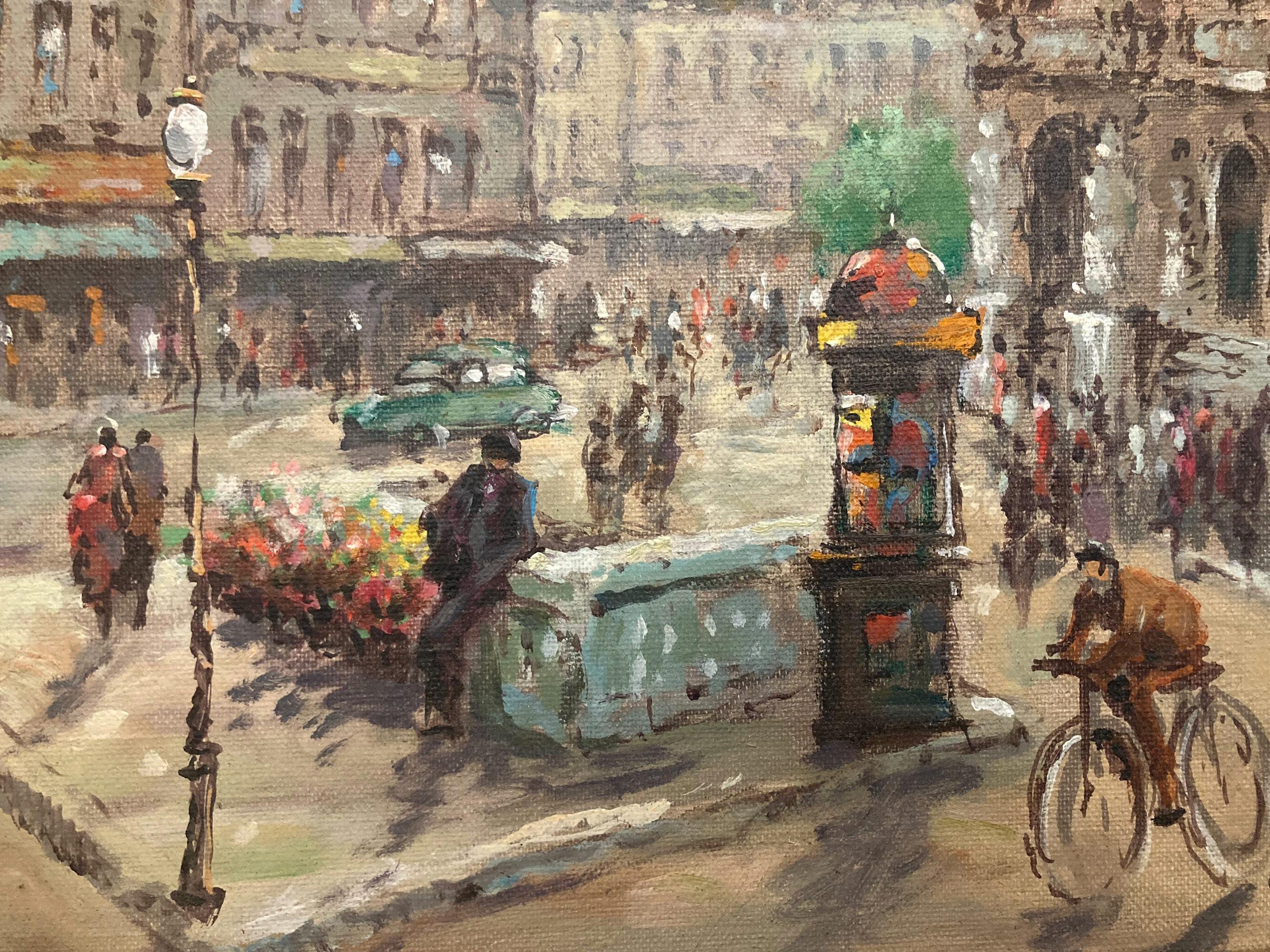 Un bellissimo dipinto a olio su tela dell'artista francese Gene Jordan che raffigura una scena di strada estremamente vivace e viva della Parigi del XX secolo con una vista intorno a Place Saint-Michel e alla Fontaine Saint-Michel nel cuore del