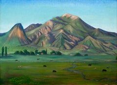 Adobes with Horses, Cattle,  Summer Mountain Landscape, Framed Oil Painting