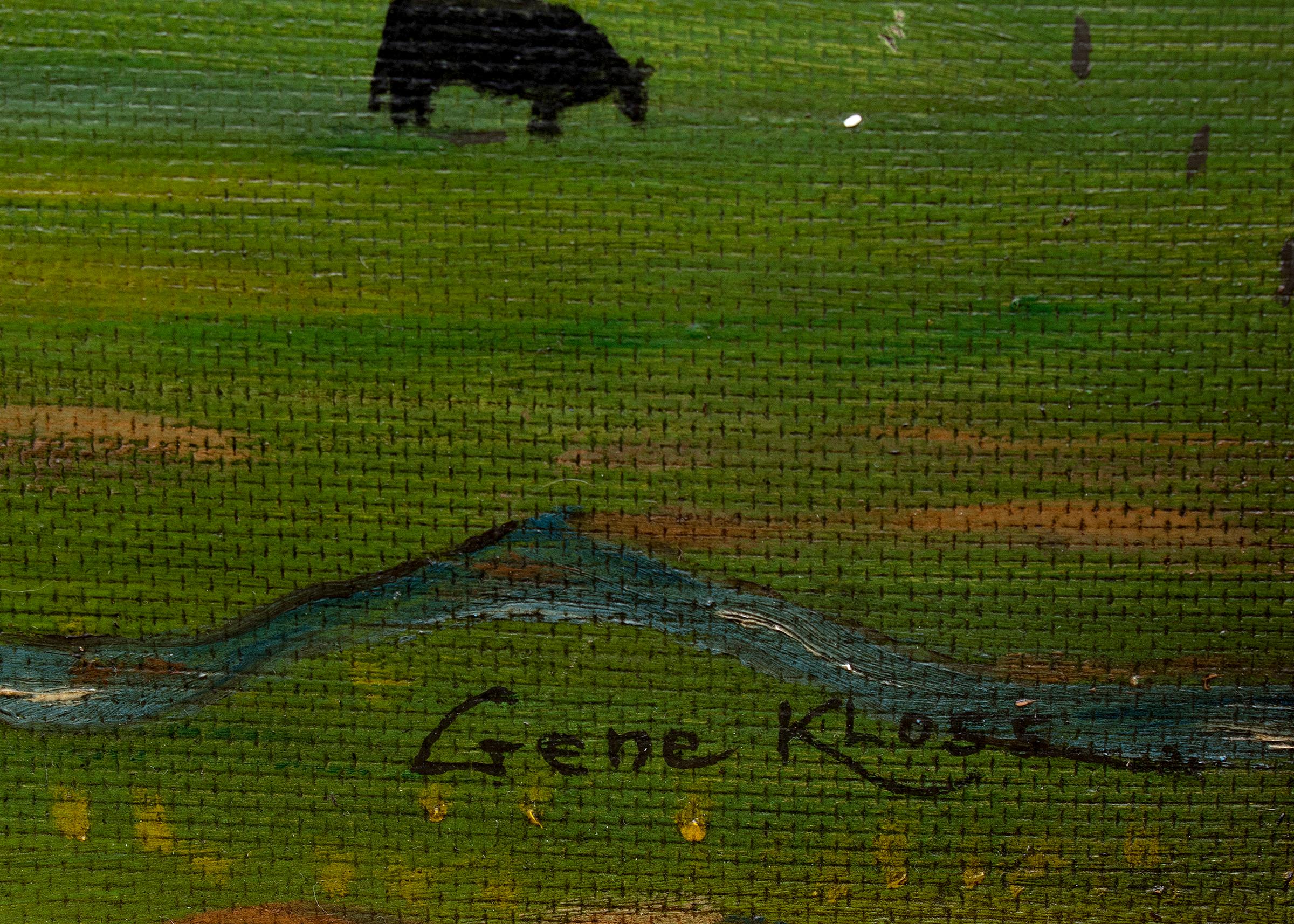 Adobes con Caballos, Ganado,  Paisaje montañoso de verano, Pintura al óleo enmarcada - Landscape Painting Marrón de Gene Kloss
