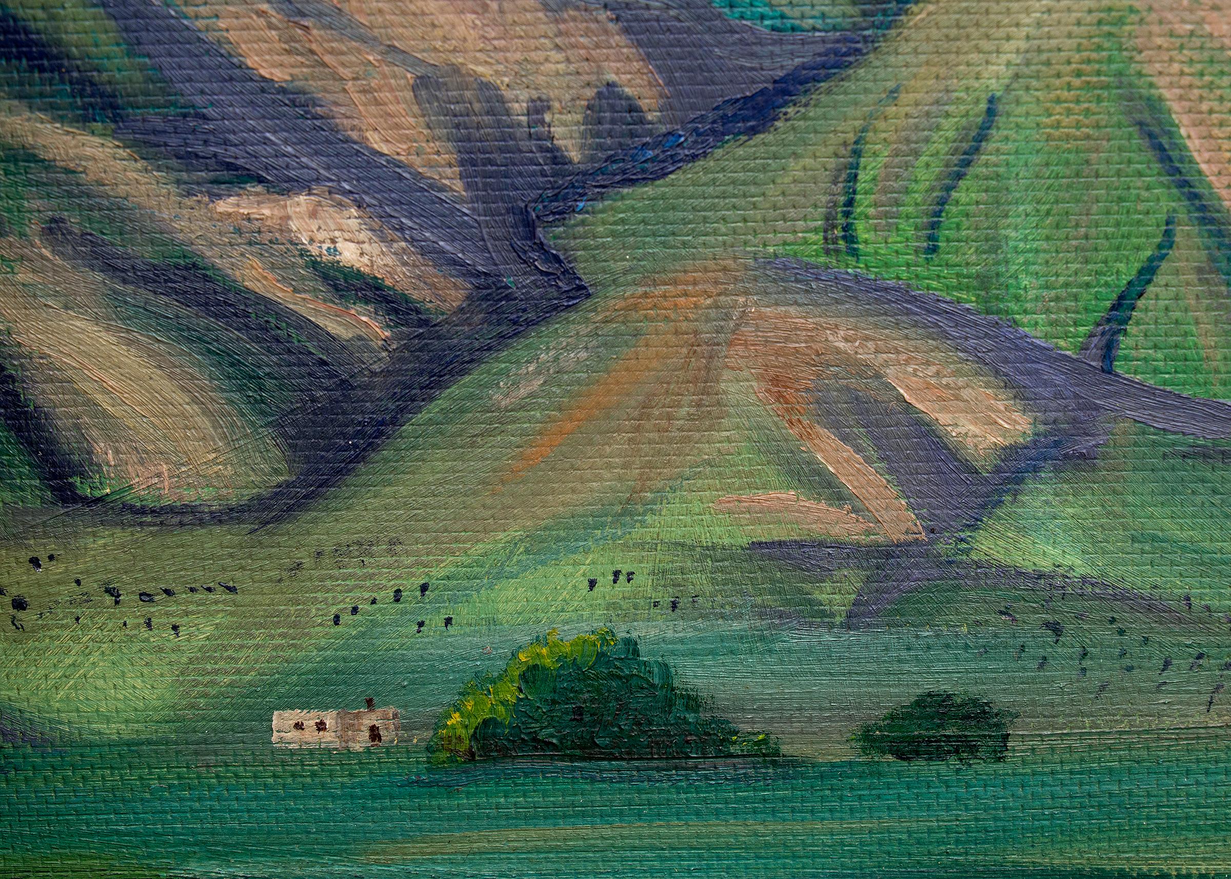 Pintura Paisaje de montaña en verano de Gene Kloss, Óleo sobre tabla. Presentado en un marco personalizado, las dimensiones exteriores miden 25 ¼ x 32 ¼ x 1 ½ pulgadas.  El tamaño de la imagen es de 20 ½ x 27 ½ pulgadas.

La pintura está limpia y en