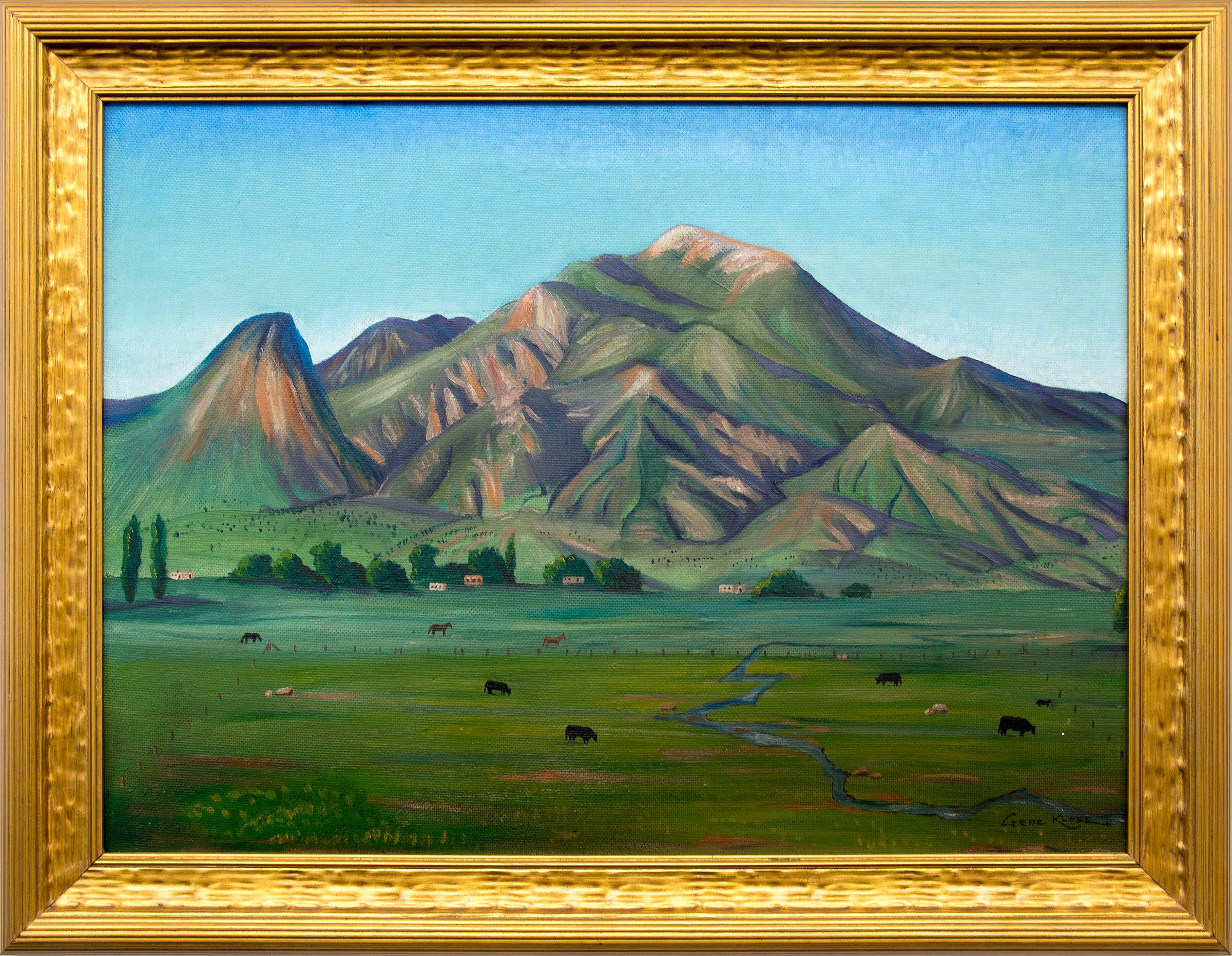 Gene Kloss Landscape Painting - Adobes with Horses, Cattle,  Summer Mountain Landscape, Framed Oil Painting