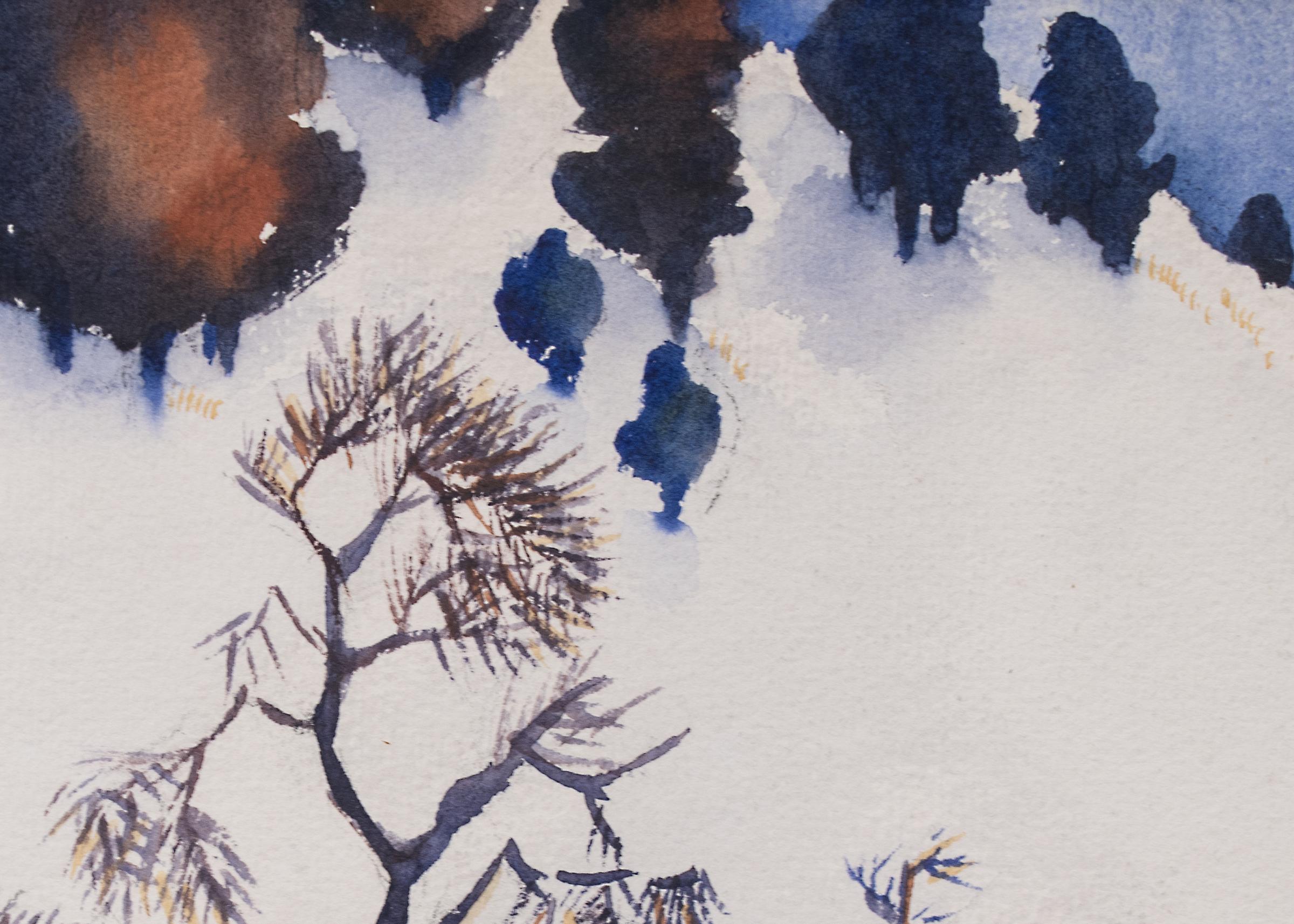 Ein modernistisches Gemälde einer hügeligen Winterlandschaft mit Schnee:: Bäumen und einem Bach (wahrscheinlich New Mexico) von Gene Kloss (1903-1996).  Präsentiert in einem benutzerdefinierten Rahmen:: Außenmaße messen 20 ¼ x 23 ½ x 1 Zoll.