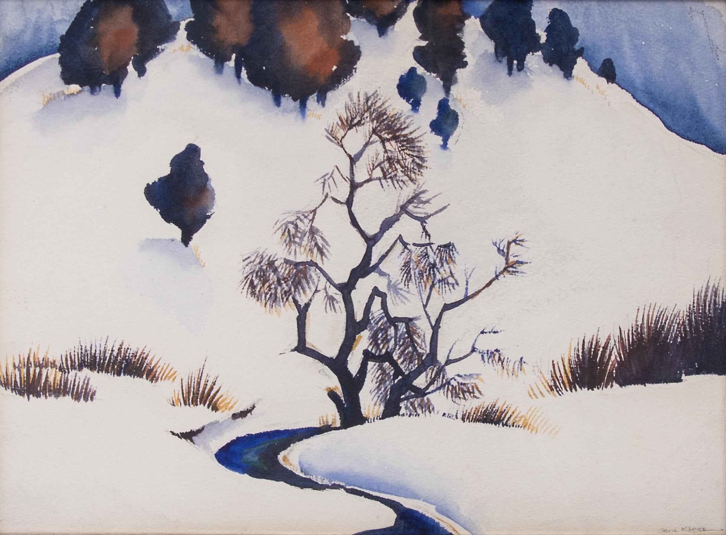 Gene Kloss Landscape Painting – Ohne Titel (Snowy Mountain und Stream)