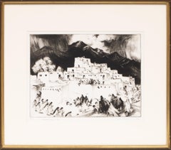 1953 Signed Black & White Etching Print 'Ceremonial Day at Taos' New Mexico