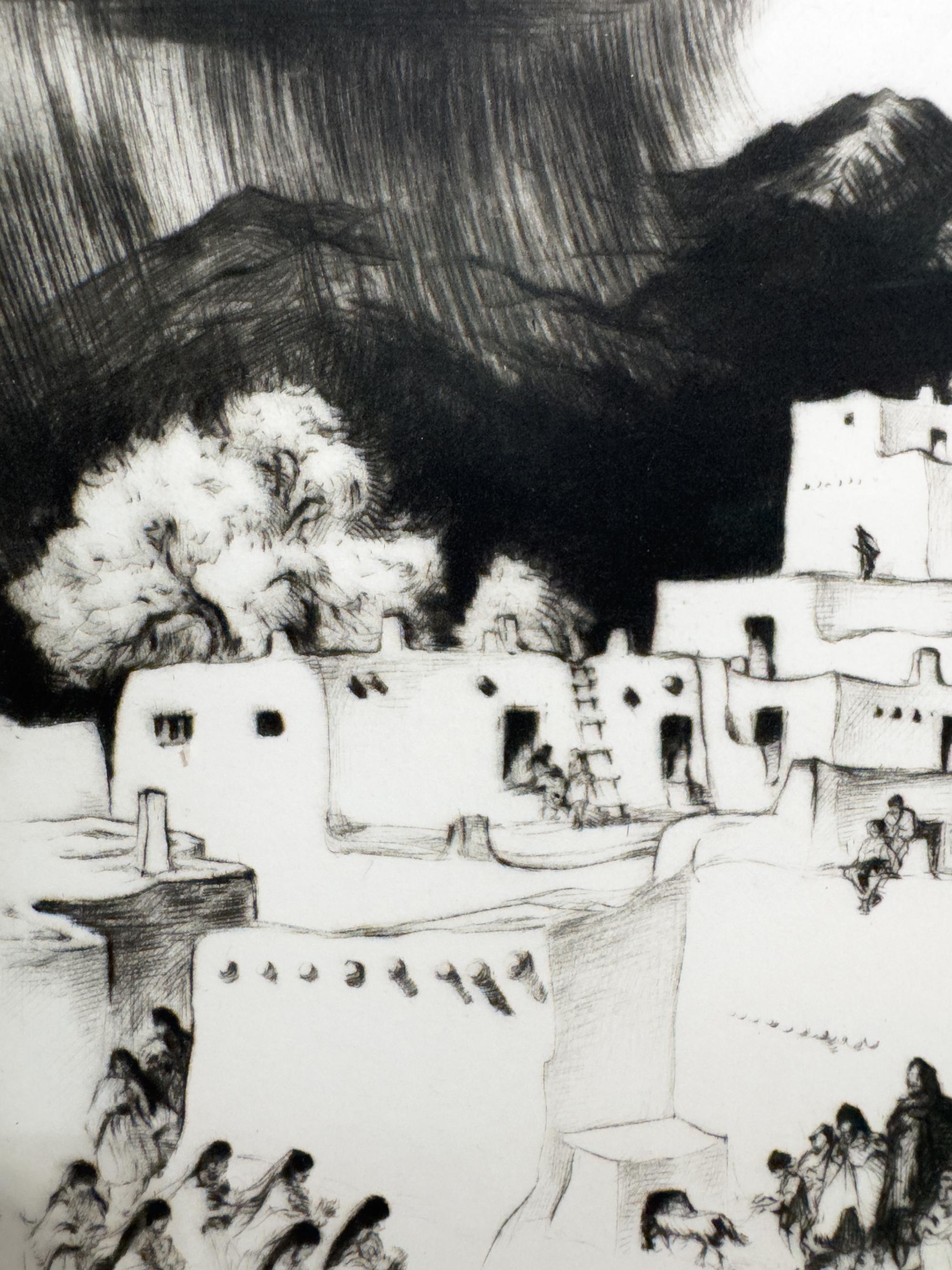 1953 Signed Black & White Etching Print 'Ceremonial Day at Taos' New Mexico For Sale 4