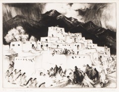 1953 Signed Black & White Etching Print 'Ceremonial Day at Taos' New Mexico