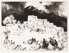 1953 Signed Black & White Etching Print 'Ceremonial Day at Taos' New Mexico