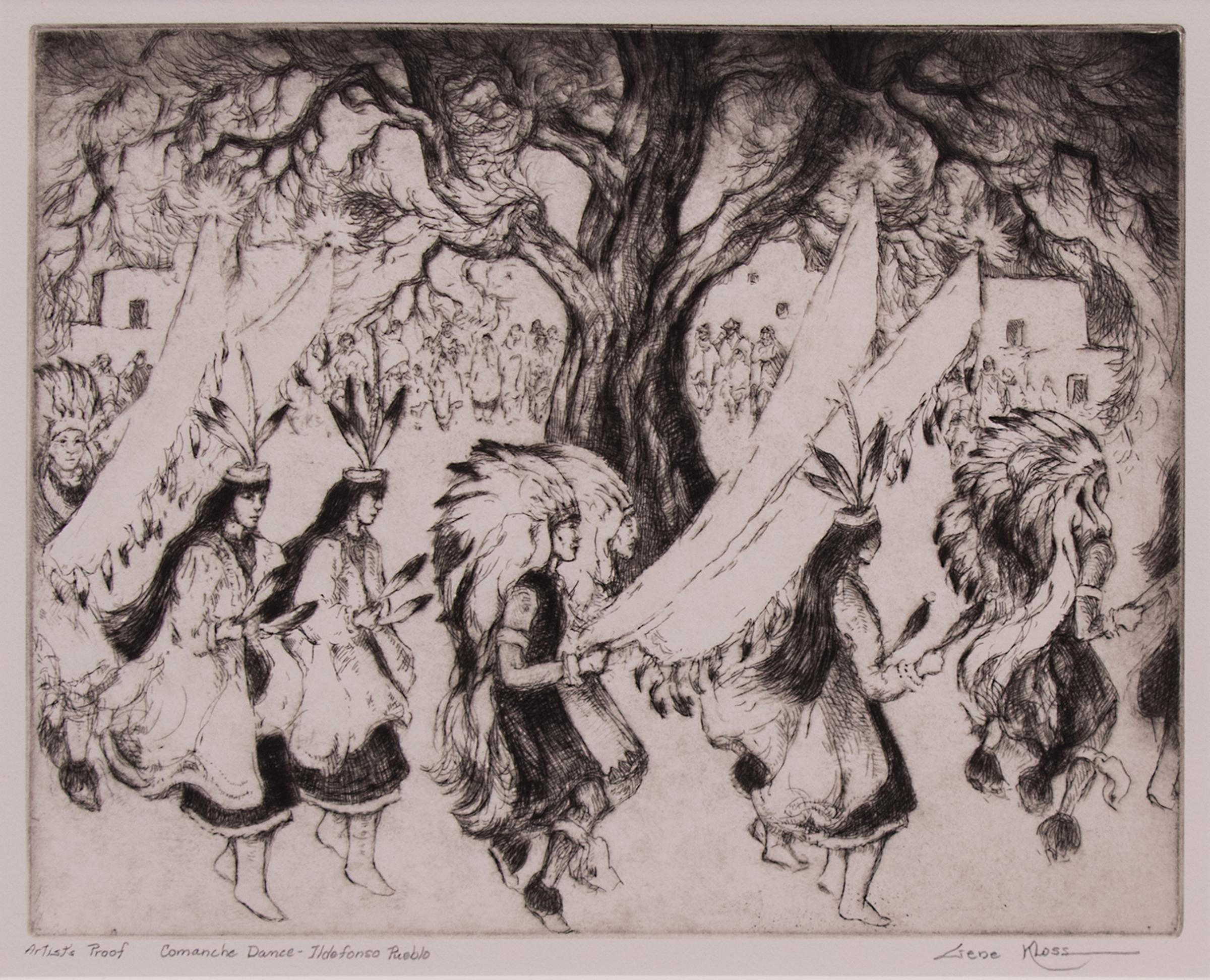 Danse de la Comanche, Ildefonso Pueblo, Nouveau-Mexique, eau-forte encadrée - Print de Gene Kloss