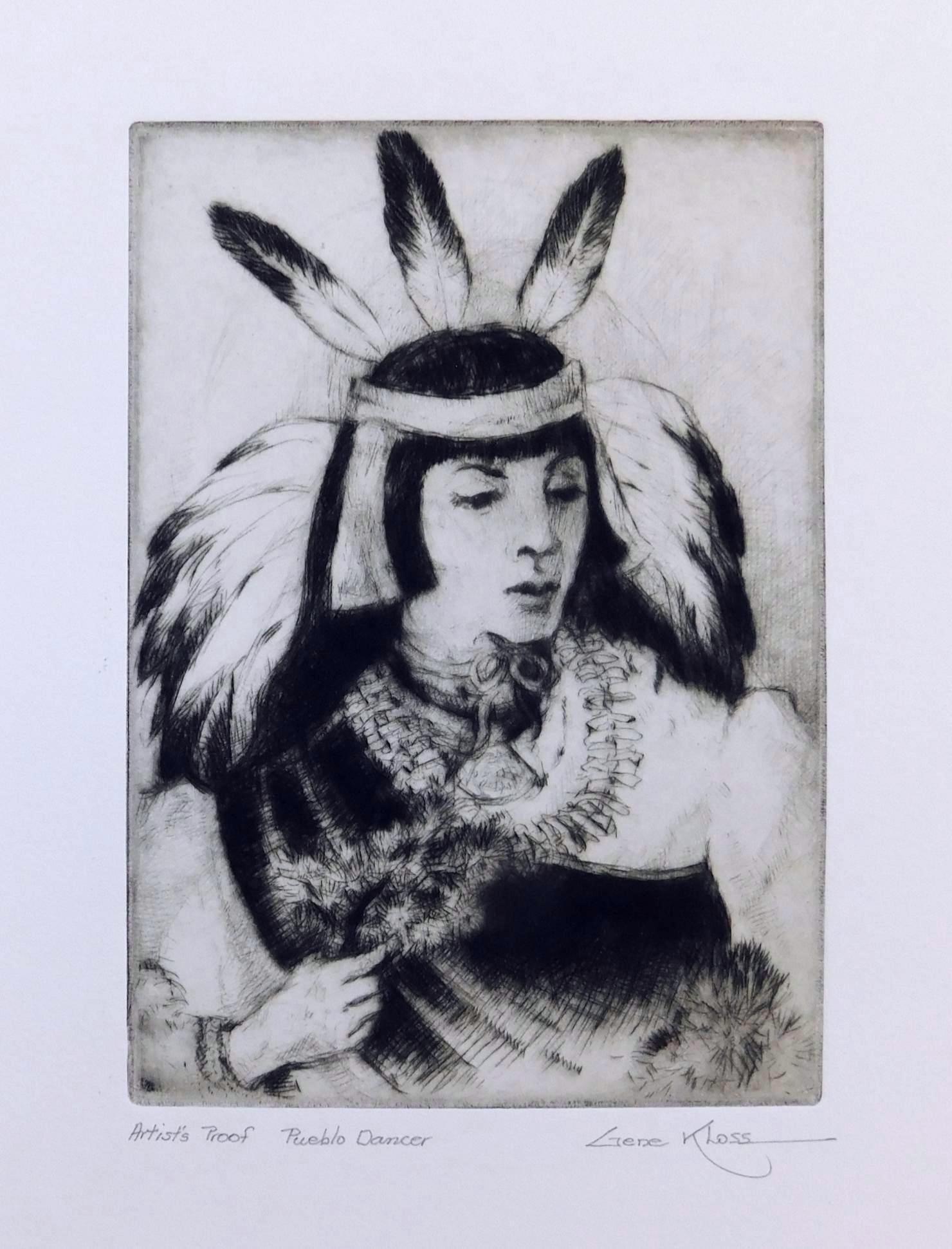 Drypoint on paper by famous Taos Artist Gene Kloss (1903-1996).
Titled: “Pueblo Dancer.” Pencil signed lower right and in excellent condition.
Image measures: 8" H x 6" W. Sheet size is: 17 5/8"H x 14 3/8"W.
Unframed. Archivally matted in a 20 x 16