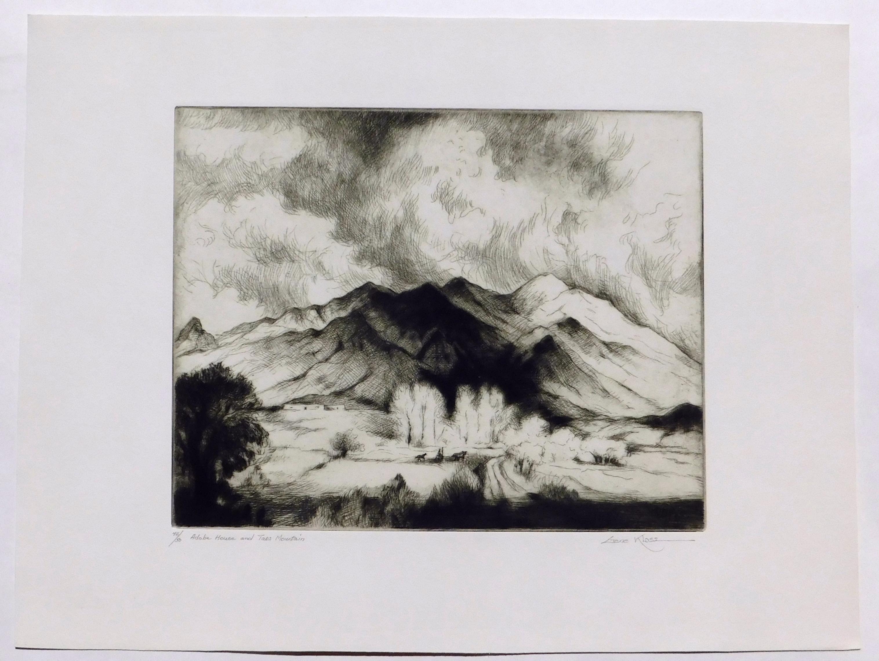 Gene Kloss Grabado original firmado a lápiz. La Casa de Adobe y la Montaña de Taos 1
