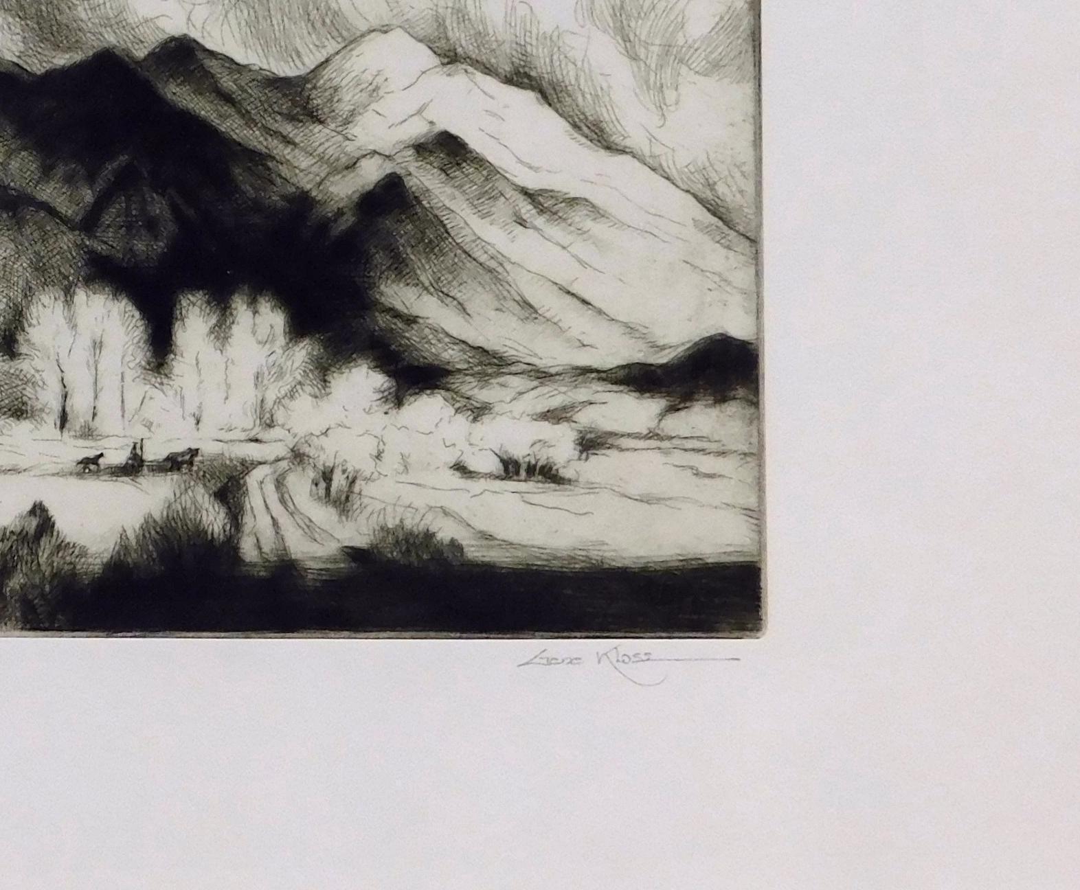 Gene Kloss Grabado original firmado a lápiz. La Casa de Adobe y la Montaña de Taos 3