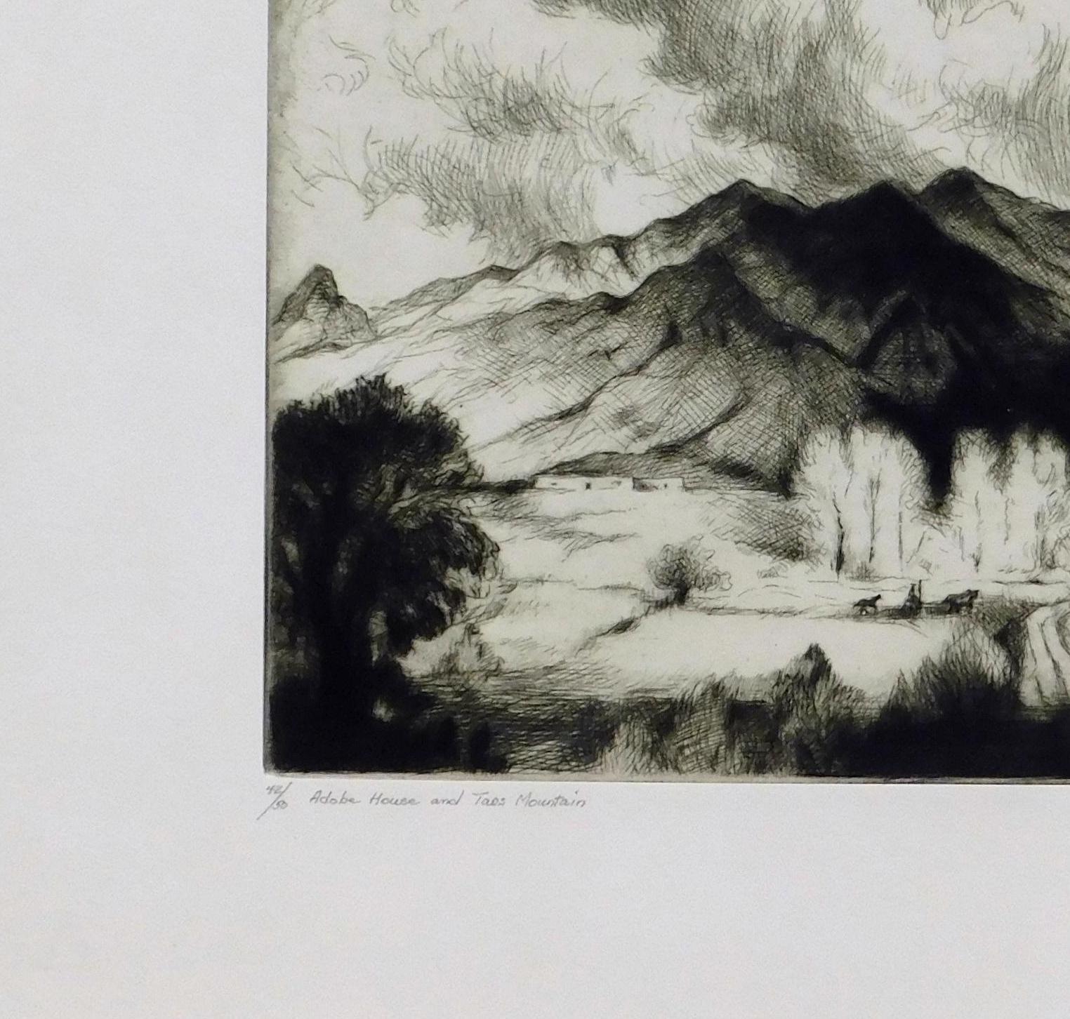 Gene Kloss Grabado original firmado a lápiz. La Casa de Adobe y la Montaña de Taos 4