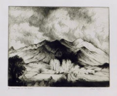 Gene Kloss Grabado original firmado a lápiz. La Casa de Adobe y la Montaña de Taos