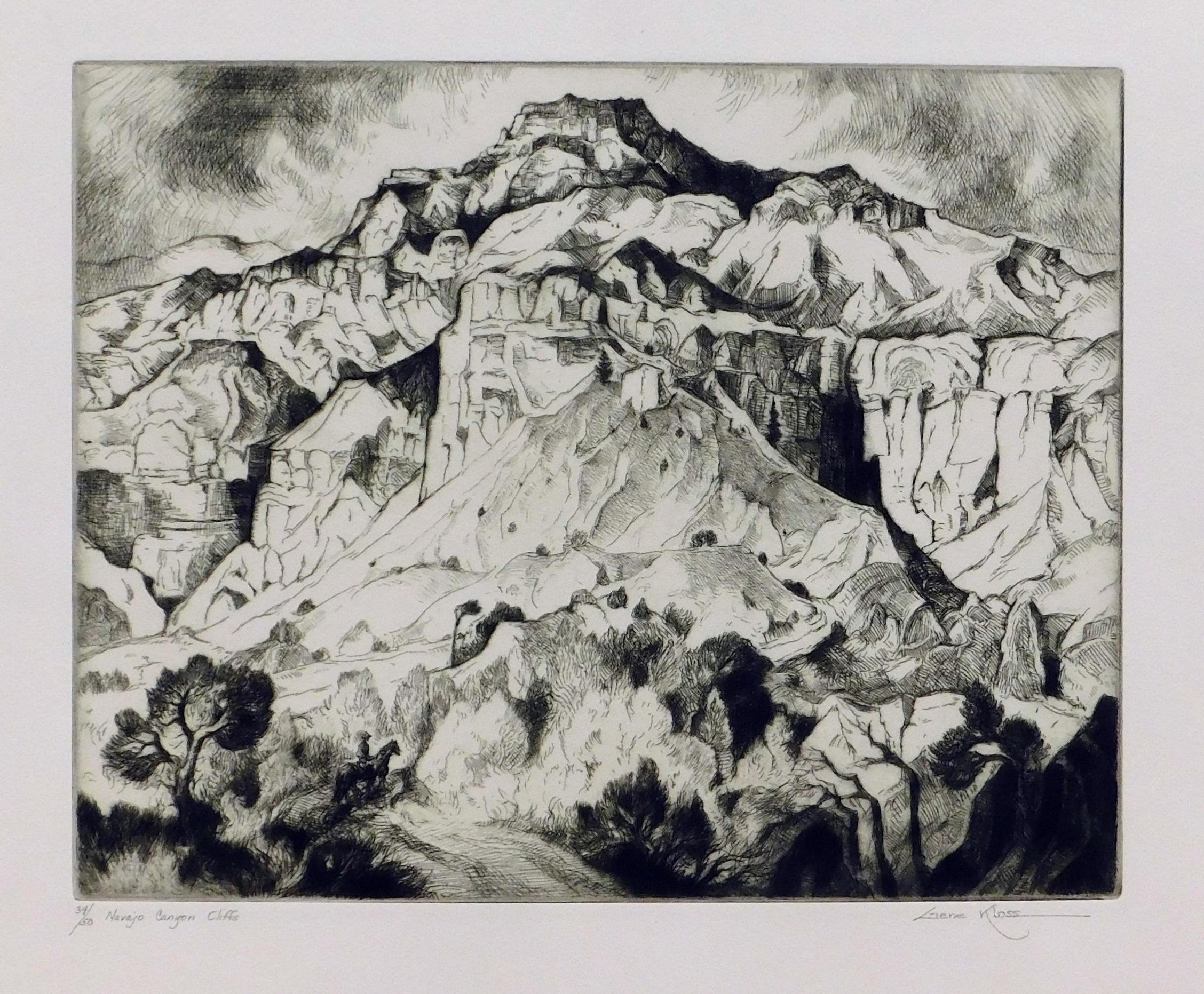 Aguafuerte y punta seca sobre papel del famoso artista de Taos Gene Kloss (1903-1996).
Título: Acantilados del Cañón del Navajo. Sin marco ni bastidor. Kloss nº 563
Titulado a lápiz abajo a la izquierda. Firmado a lápiz abajo a la derecha y en