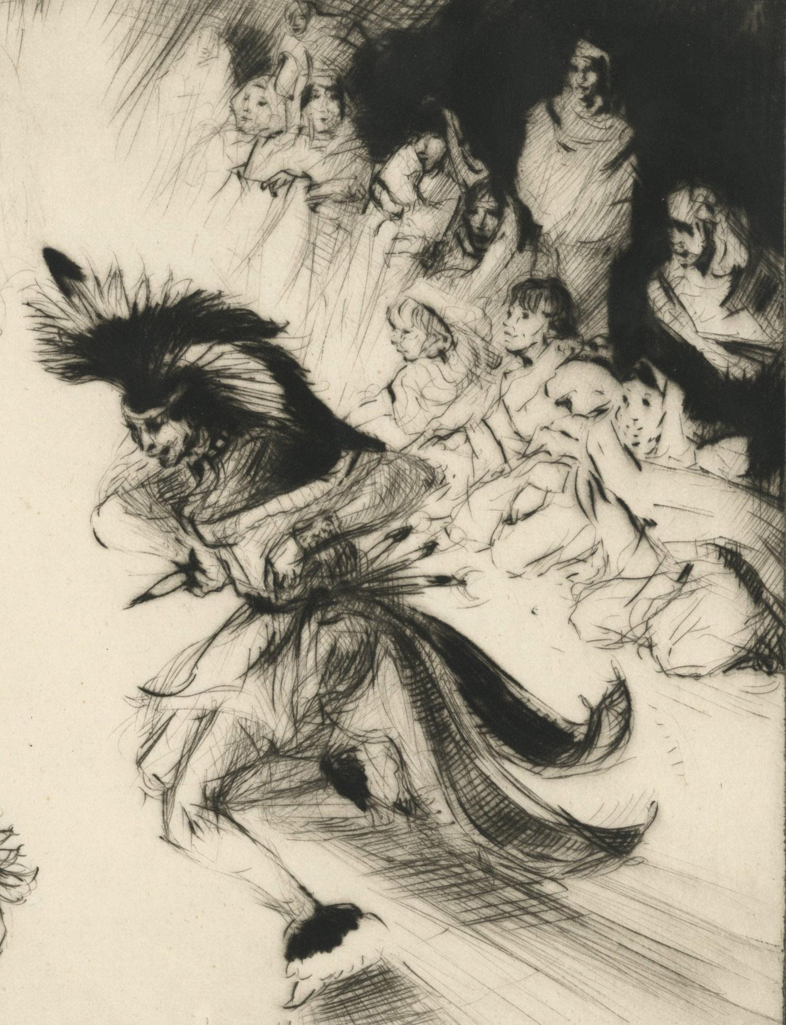 Danza dell'amicizia indiana
Puntasecca, 1953
Firmato a matita in basso a destra, (vedi foto)
Edizione 200
Pubblicato da The Society of American Graphic Artists, New York
Un'impronta si trova nella collezione del SAAM di Washington e del RISD Museum,