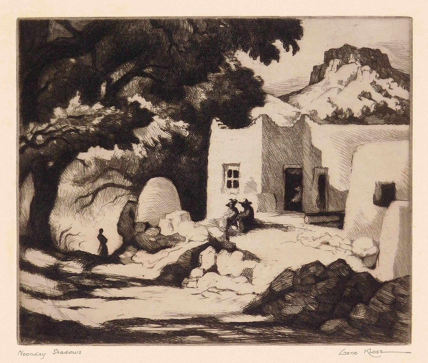 Gene Kloss Landscape Print – Noonday Shadows" - Regionalismus im Südwesten Mitte des Jahrhunderts