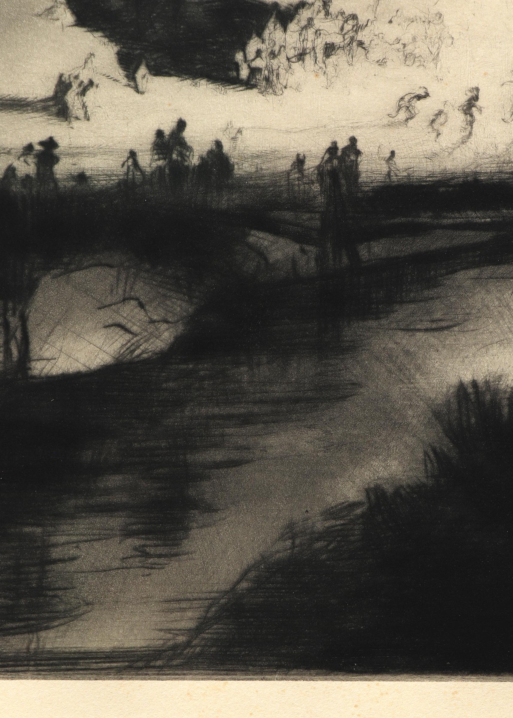 Pueblo Firelight Dance, 1950s American Modernist Etching, New Mexico Village - Black Figurative Print by Gene Kloss